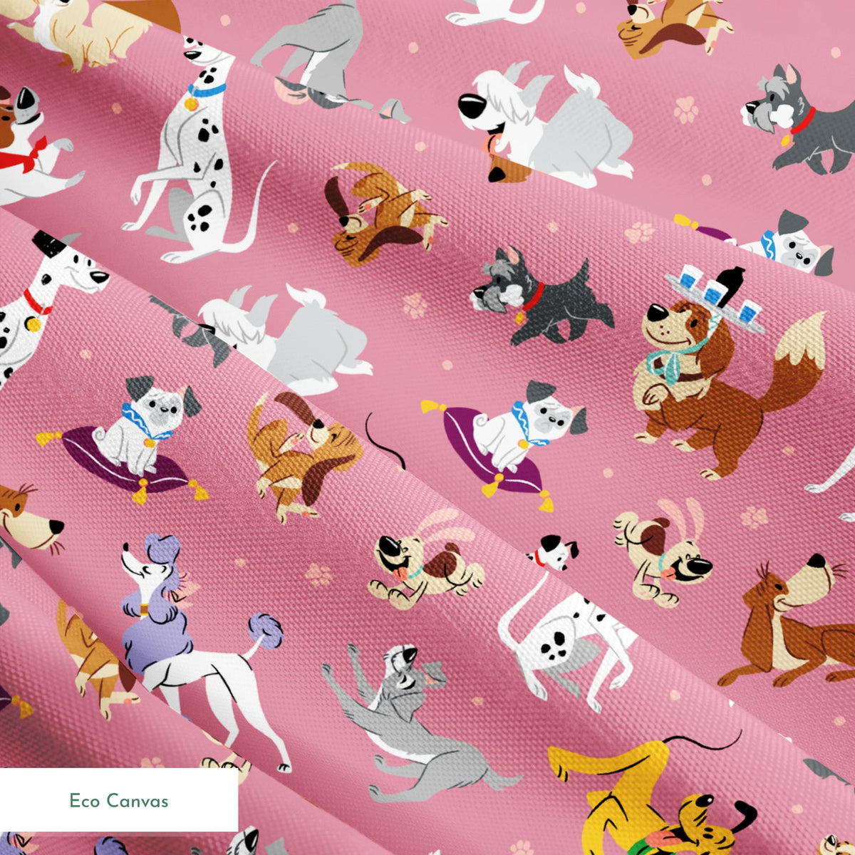 Colorful dog pattern with various cartoon breeds on pink background including dalmatians, terriers, and dachshunds springs ecocanvas texture