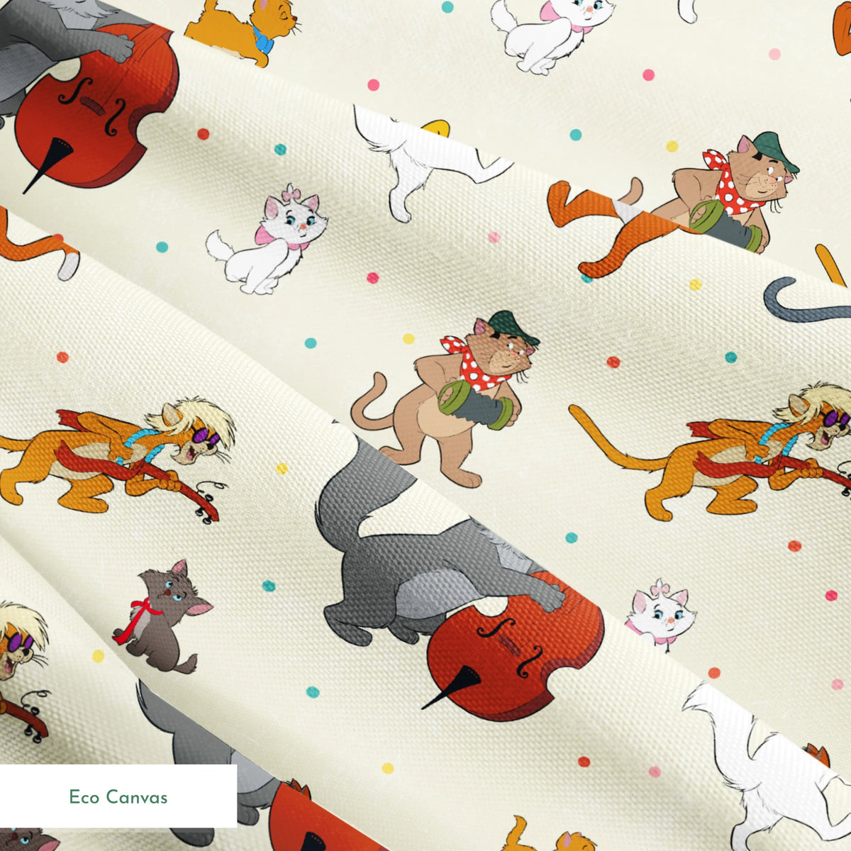 Musical cats and dogs pattern with animals playing instruments on cream background springs ecocanvas texture