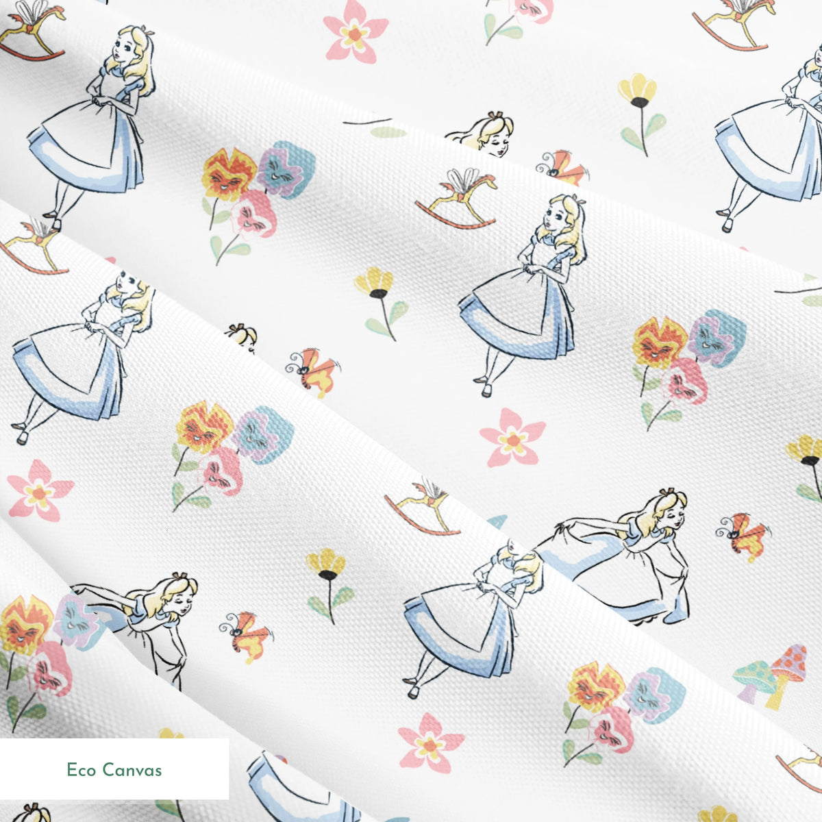 Whimsical pattern featuring character in blue dress with flowers, mushrooms, and rocking horse springs ecocanvas texture
