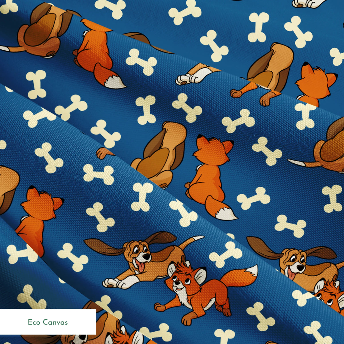 Fox and the Hound characters playing against blue background with scattered bone pattern springs ecocanvas texture