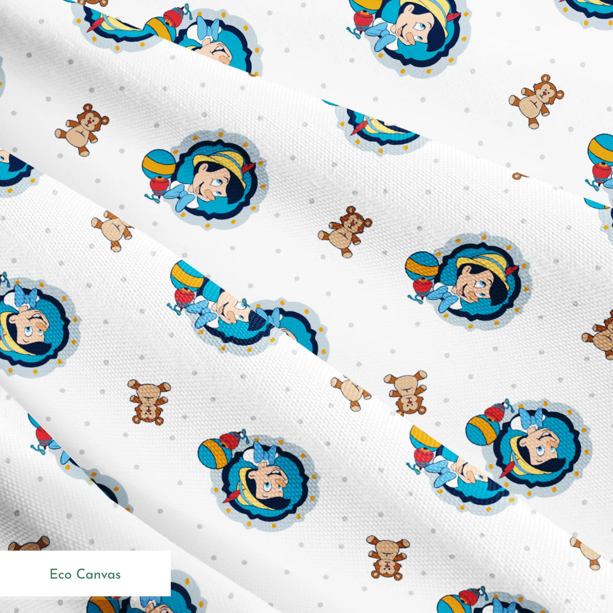 Repeating pattern of cartoon character in blue circle with teddy bears and colorful balls on light dotted background springs ecocanvas texture