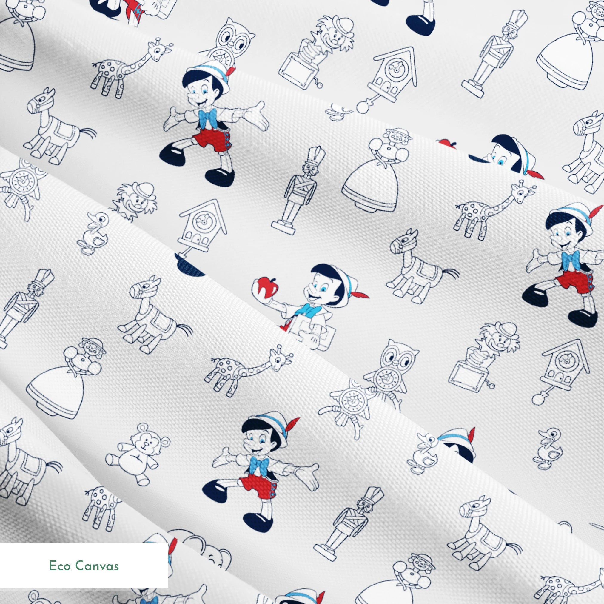 Pattern of vintage cartoon characters including Pinocchio and assorted animals on a light background with red and blue accents springs ecocanvas texture