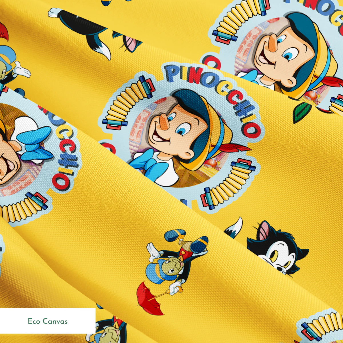 Pinocchio and Disney character pattern on yellow background with circular logos and red apples springs ecocanvas texture