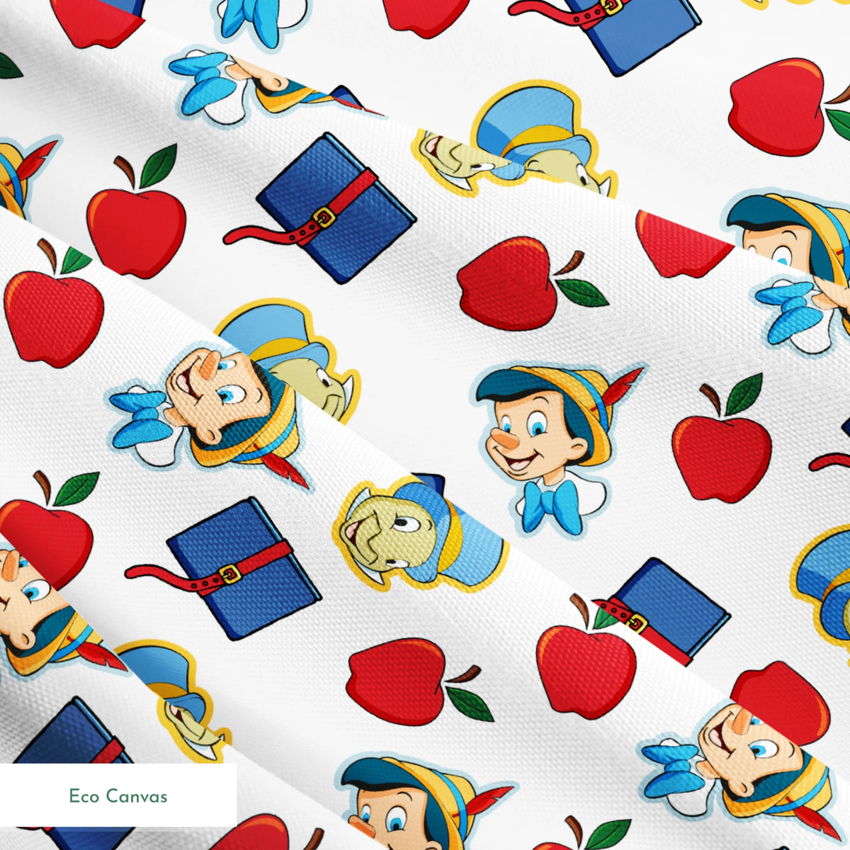 Pattern with cartoon character in pointed hat with blue bow, red apples, blue books with red straps, and yellow circular elements on white background springs ecocanvas texture