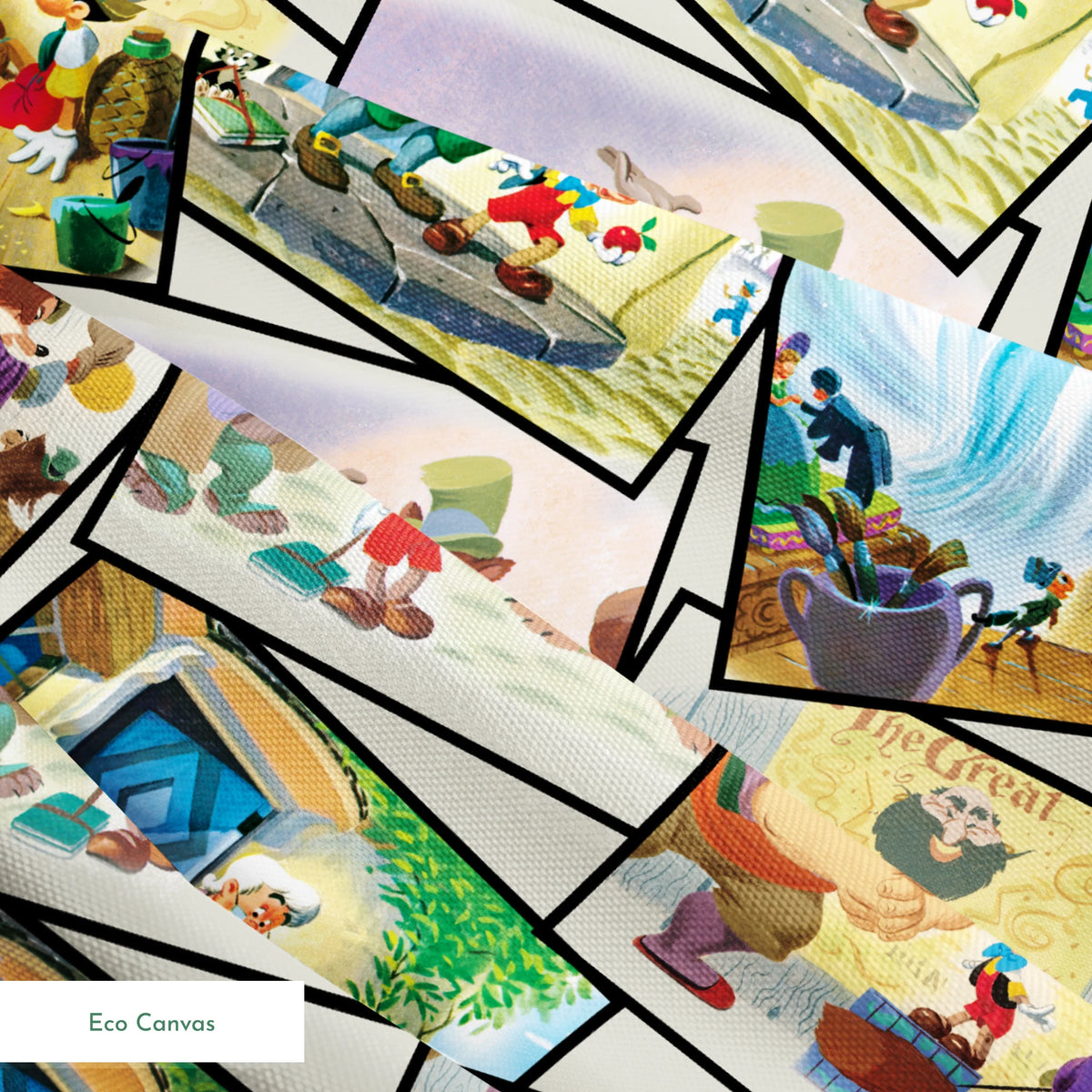Colorful collage of Pinocchio scenes showing the wooden puppet, Geppetto, and other characters from the classic fairy tale. springs ecocanvas texture