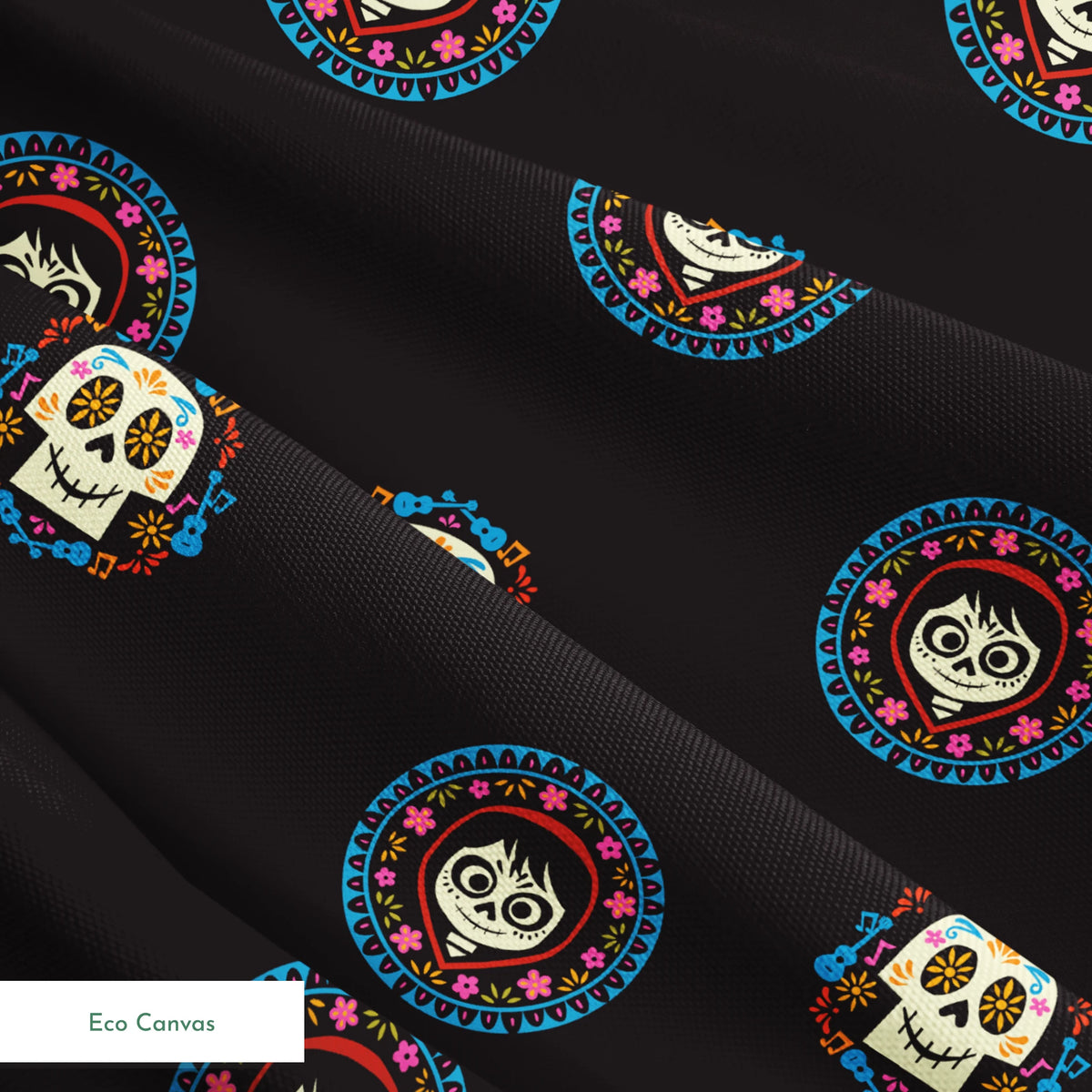 Colorful Coco sugar skull pattern with decorative circular borders on black background springs ecocanvas texture
