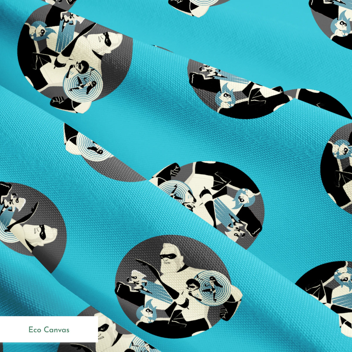 Repeating circular pattern of The Incredibles characters in gray circles on light blue background springs ecocanvas texture