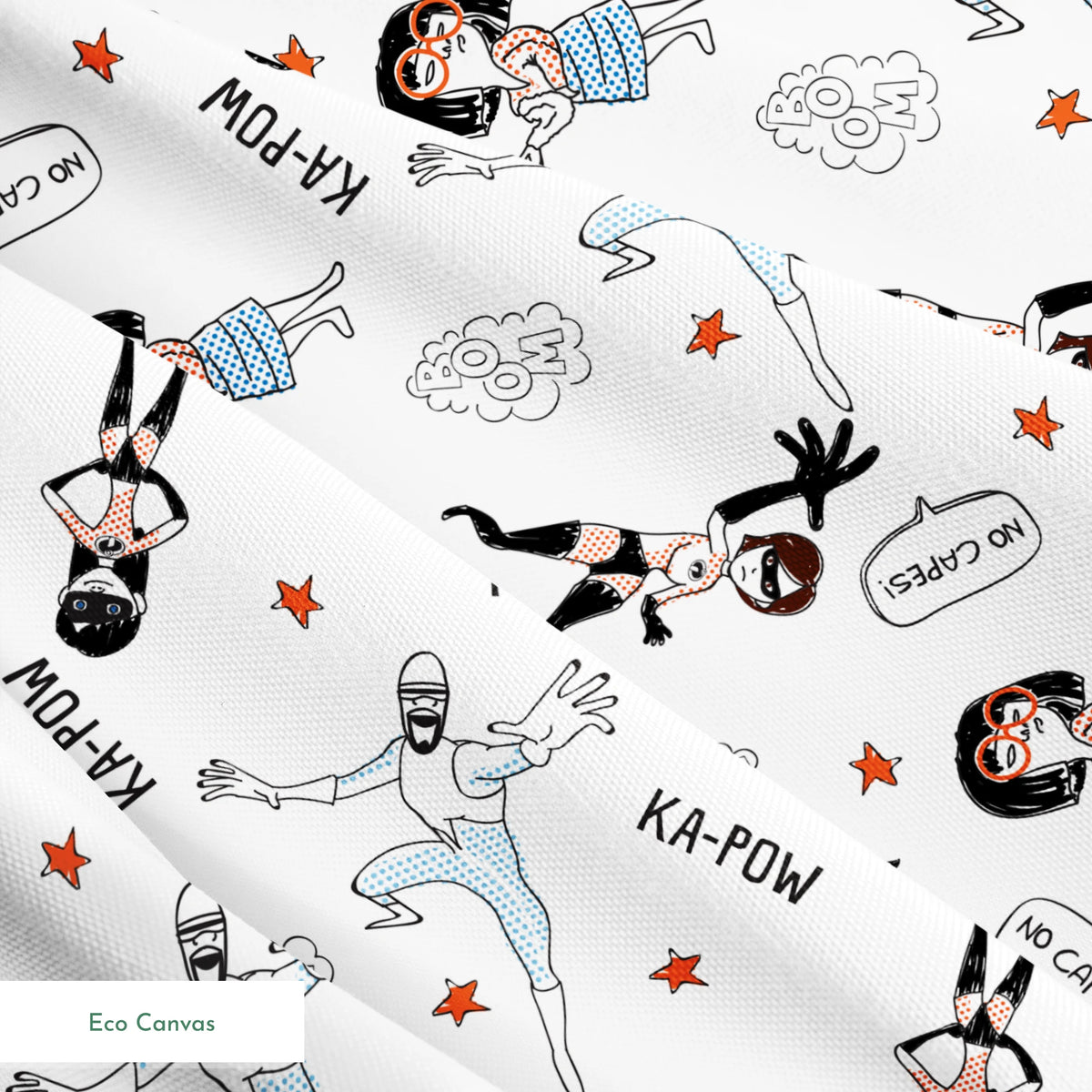 The Incredibles in dynamic poses with comic book sound effects like "KA-POW" on white background with orange stars springs ecocanvas texture