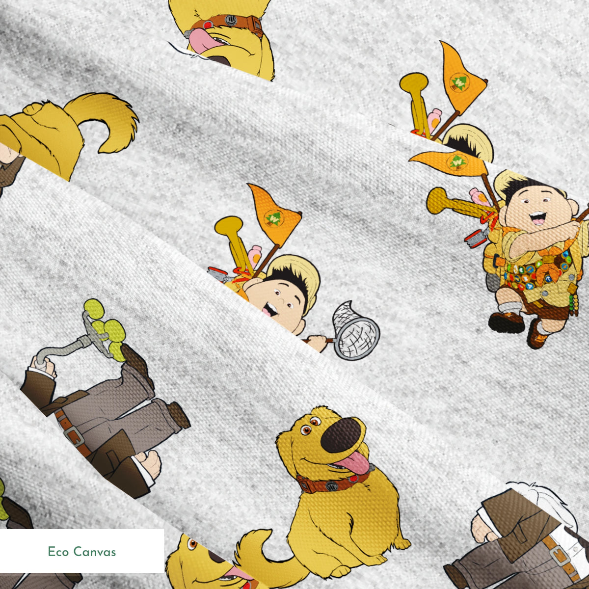 Cartoon characters from Disney's "Up" including Carl, Russell, and Dug on light gray background springs ecocanvas texture