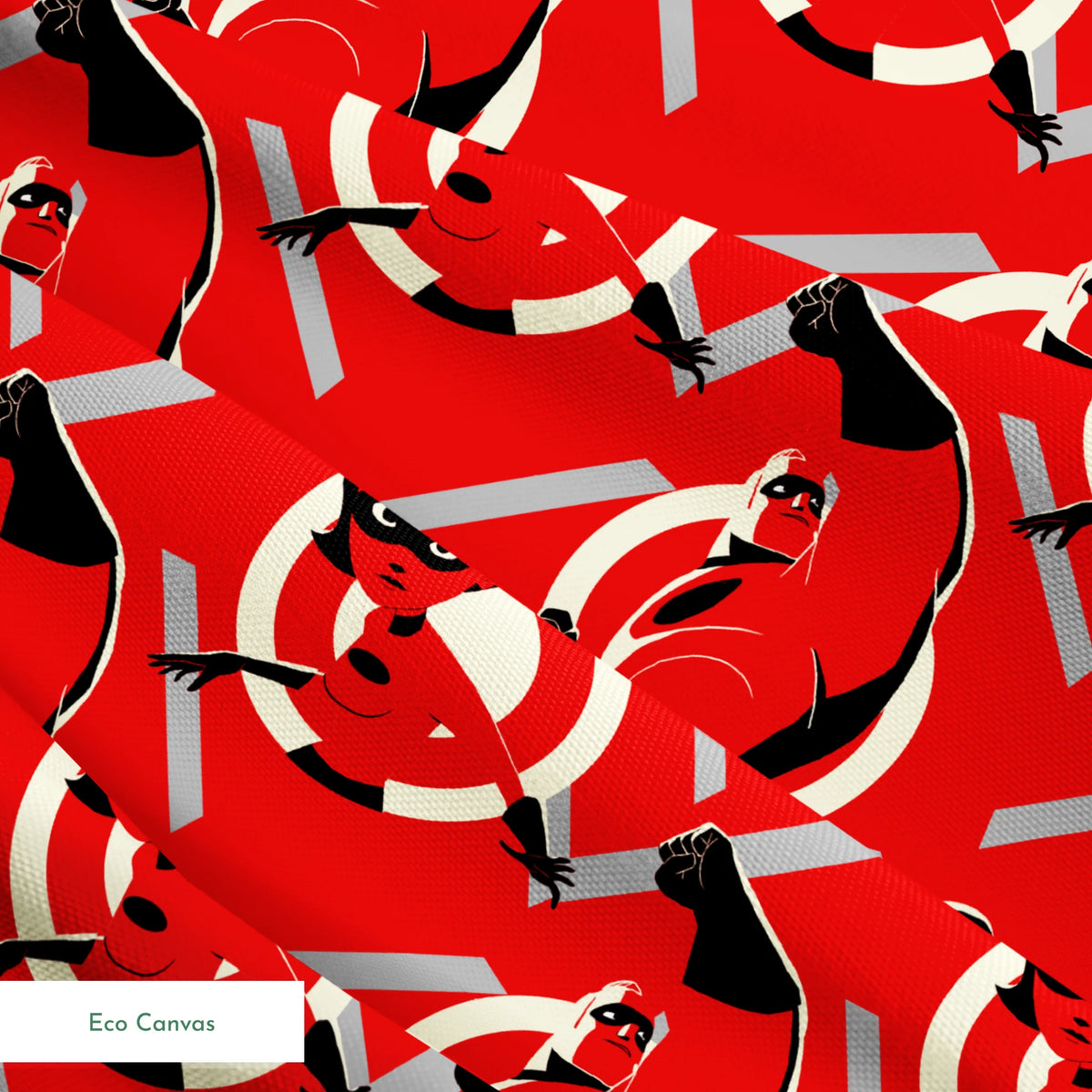 Stylized Incredibles characters in red, black and white with a dynamic pose against spiral background pattern. springs ecocanvas texture