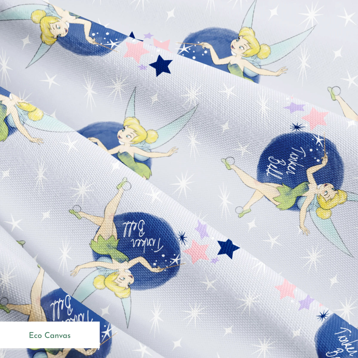 Tinker Bell pattern with the iconic fairy flying around blue moons and stars on a light gray background springs ecocanvas texture