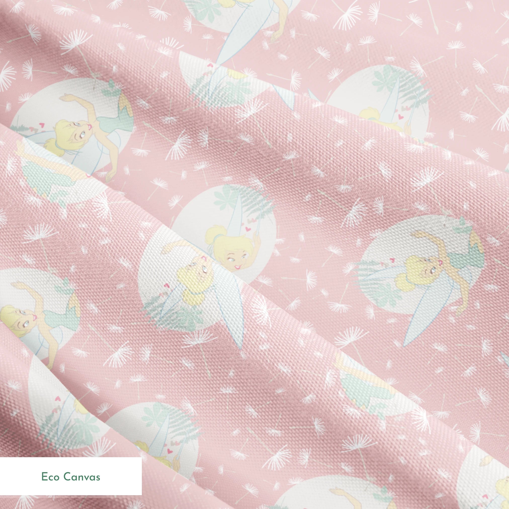 Pink background with dandelion seed pattern featuring Tinker Bell in mint green circles, whimsical Disney design springs ecocanvas texture
