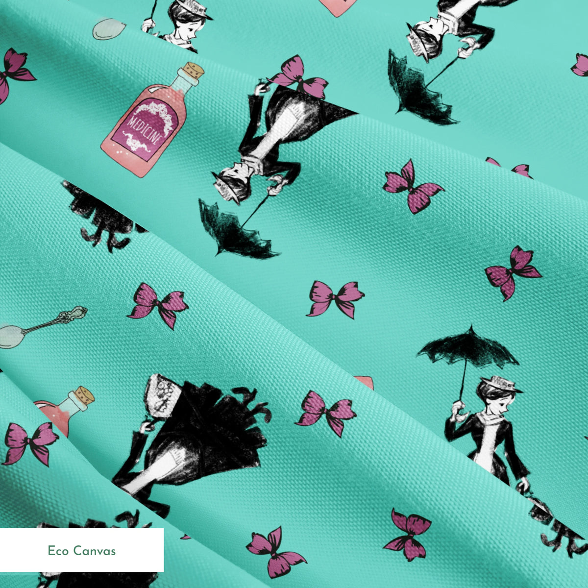 Whimsical illustration pattern with Mary Poppins holding umbrella, pink bottles, and purple butterflies on mint green background. springs ecocanvas texture