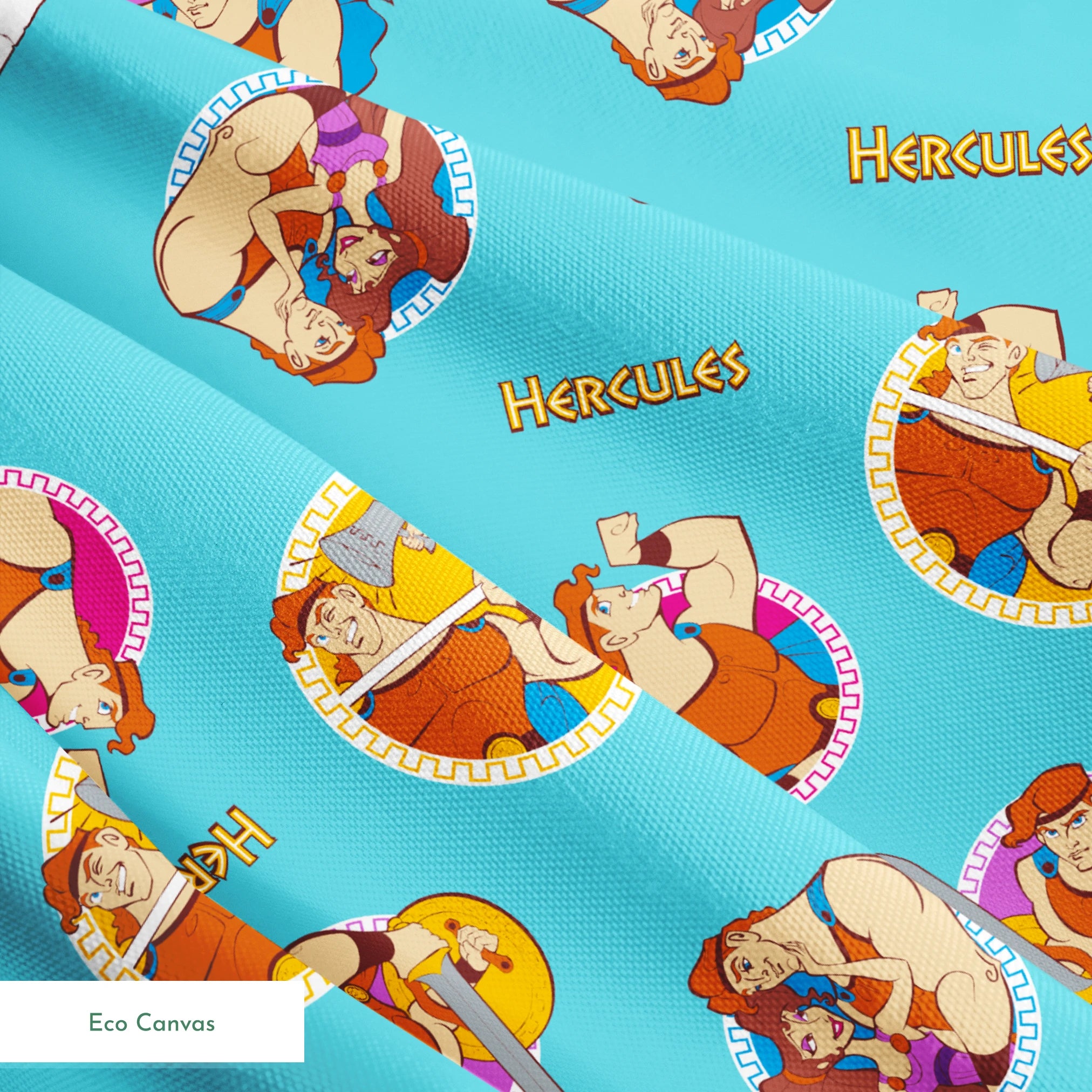 Cartoon characters from Hercules arranged in circular patterns on light blue background springs ecocanvas texture