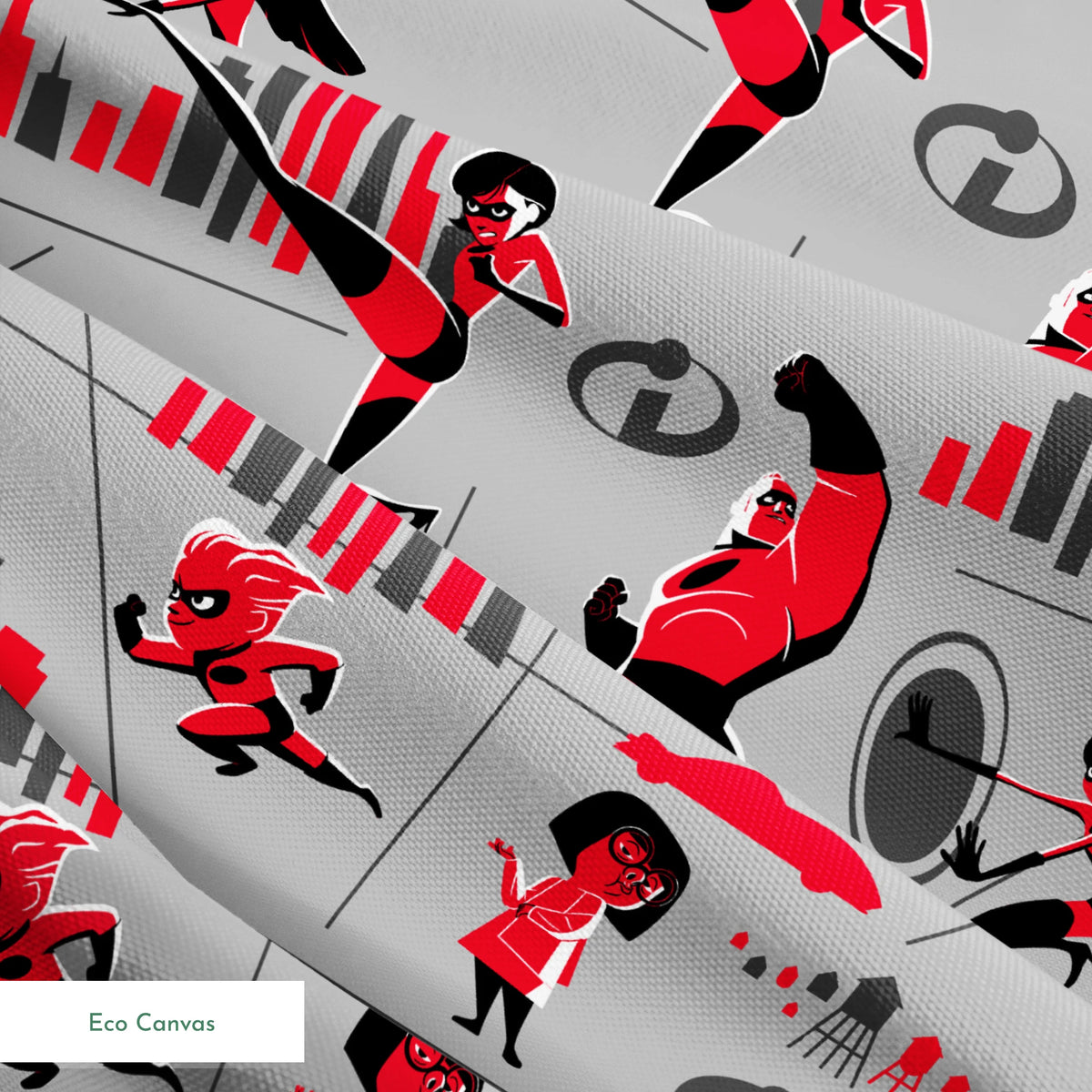 Characters in red and black superhero outfits from The Incredibles shown in action poses against gray background with city elements springs ecocanvas texture