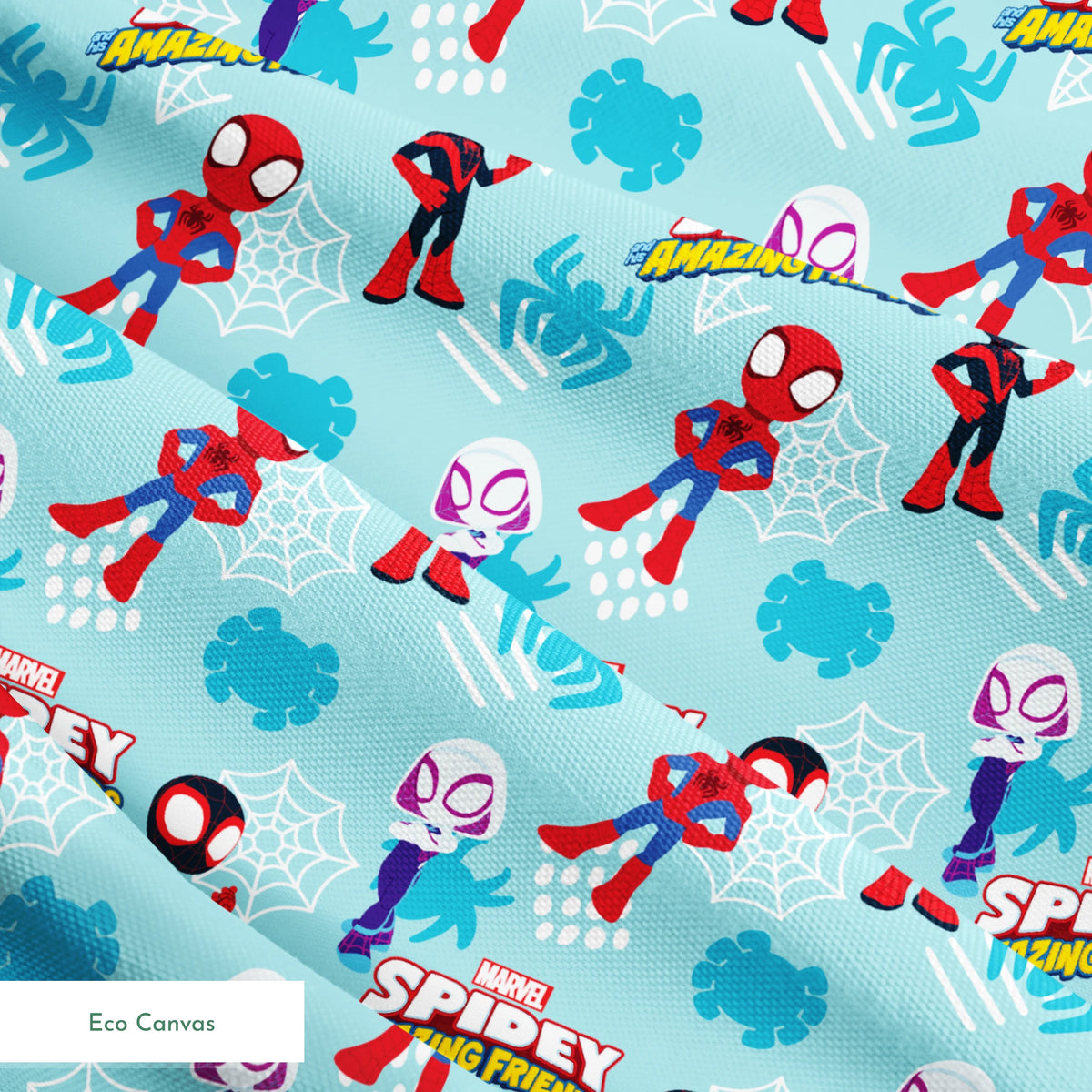 Marvel Spider-Man cartoon characters on blue background with spider webs and logos, featuring different Spider-Man costume variants. springs ecocanvas texture