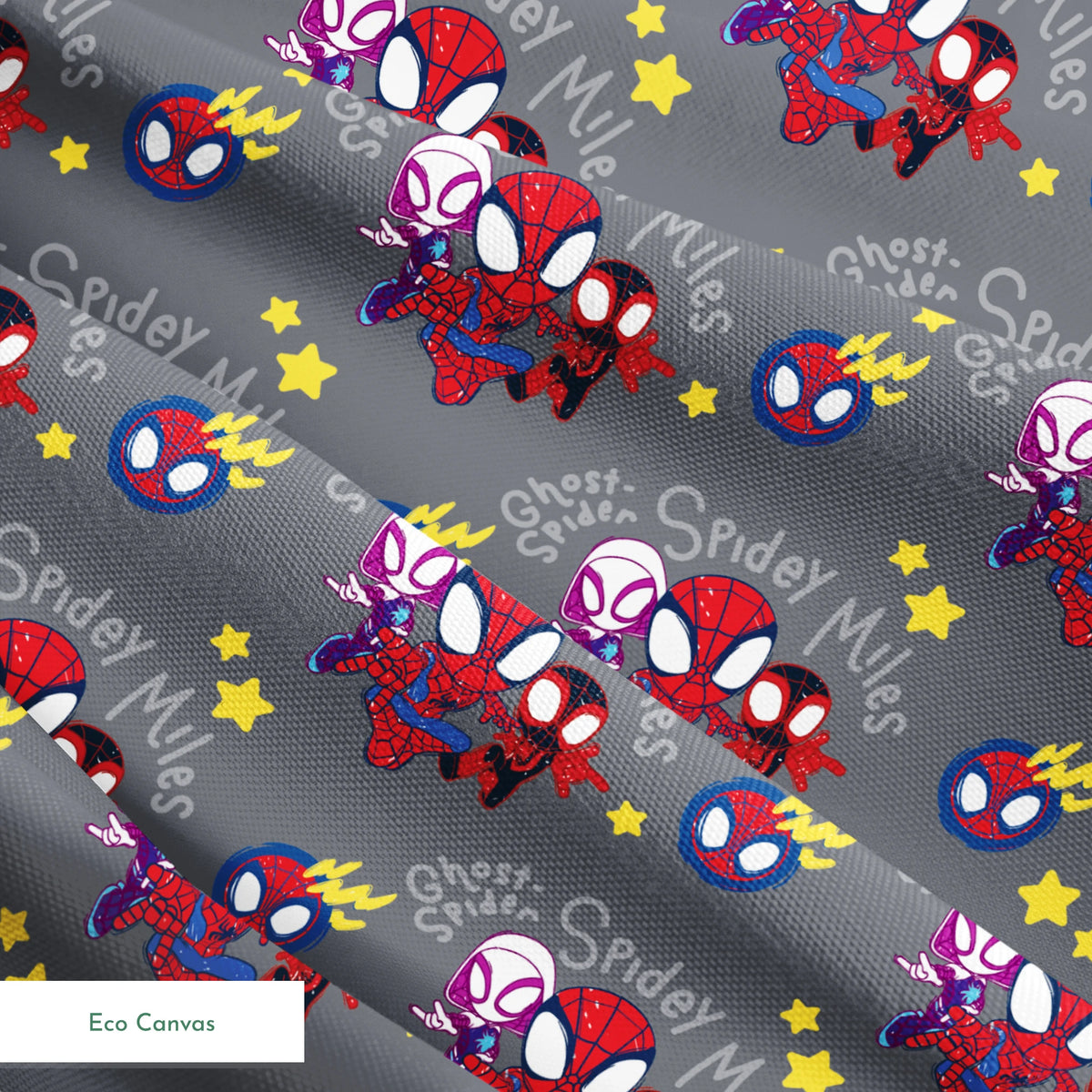 Cartoon Spider-Man characters pattern with stylized spider heroes and yellow stars on gray background springs ecocanvas texture