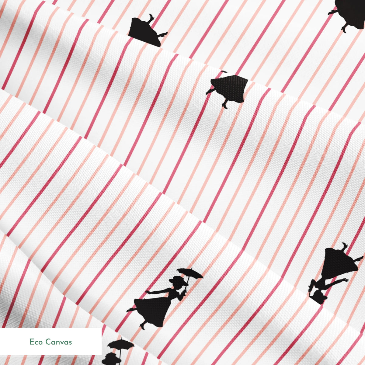 Mary Poppins silhouette figures on white background with thin pink vertical stripes springs ecocanvas texture