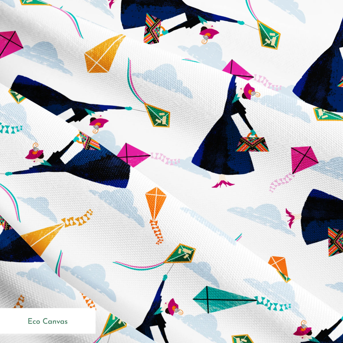 Colorful kites in orange, pink, and green along with Mary Poppins flying in a cloudy blue sky springs ecocanvas texture
