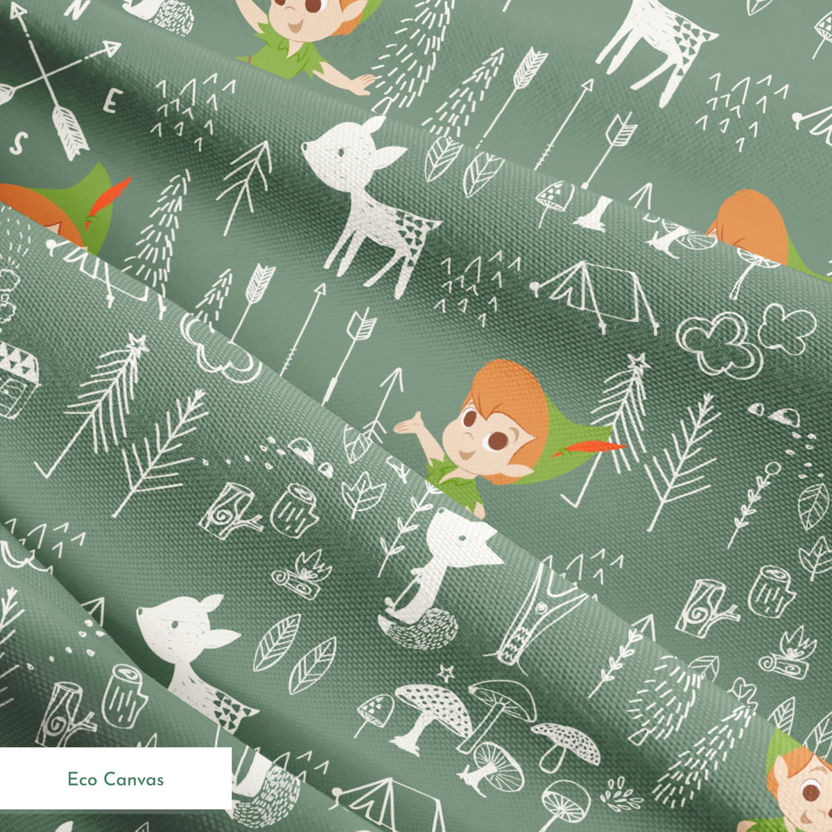 Illustrated forest pattern with cartoon characters in green outfits, white animals, and woodland elements on sage background. springs ecocanvas texture