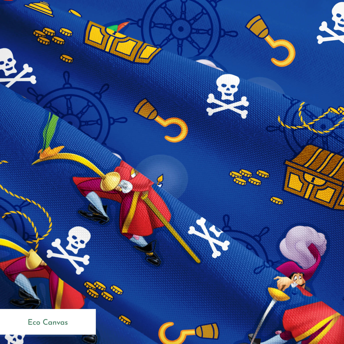 Pirate-themed pattern with captains, treasure chests, hooks, and skull symbols on blue background springs ecocanvas texture