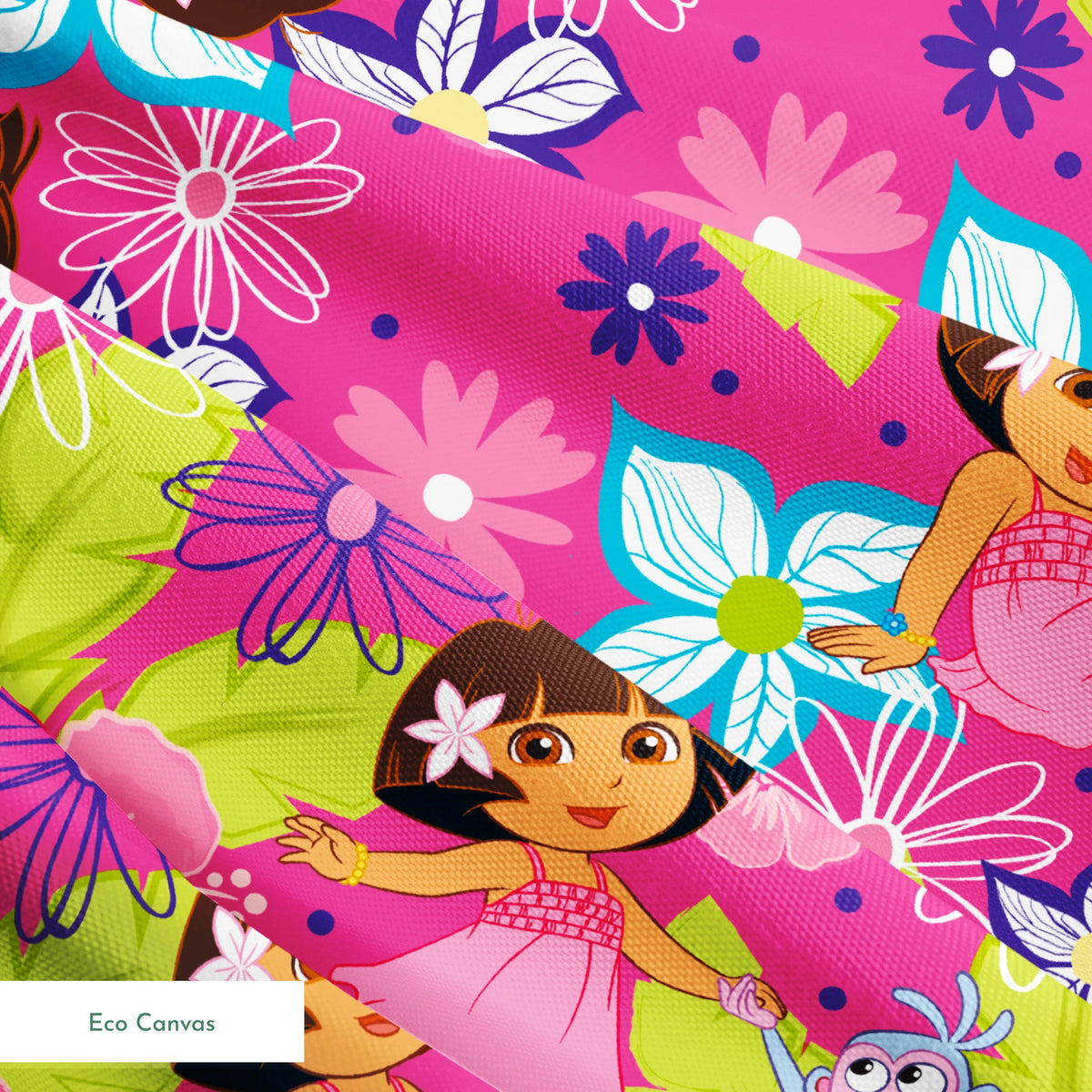 Colorful cartoon pattern with Dora the Explorer characters among vibrant flowers on pink background springs ecocanvas texture