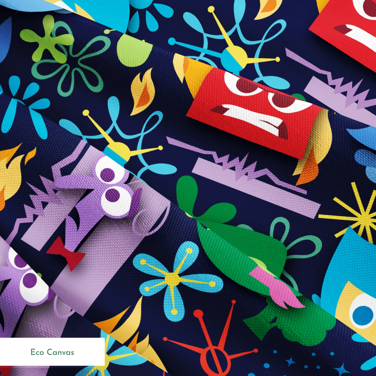 Colorful Inside Out characters with blue, red, green faces and abstract shapes on dark background springs ecocanvas texture