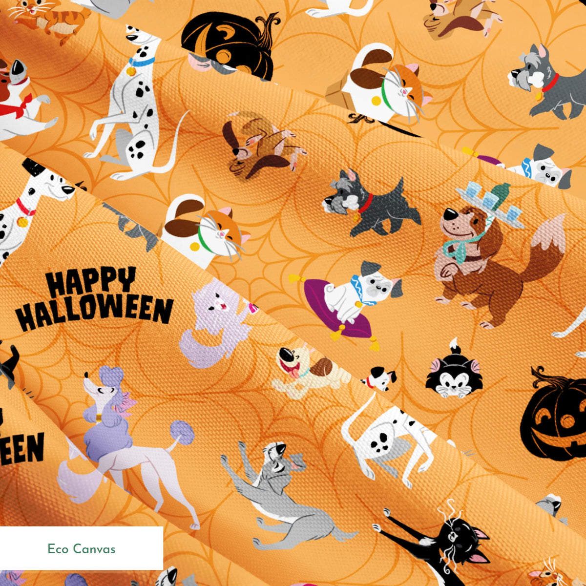 Cartoon dogs in Halloween pattern with pumpkins and "Happy Halloween" text on orange background springs ecocanvas texture