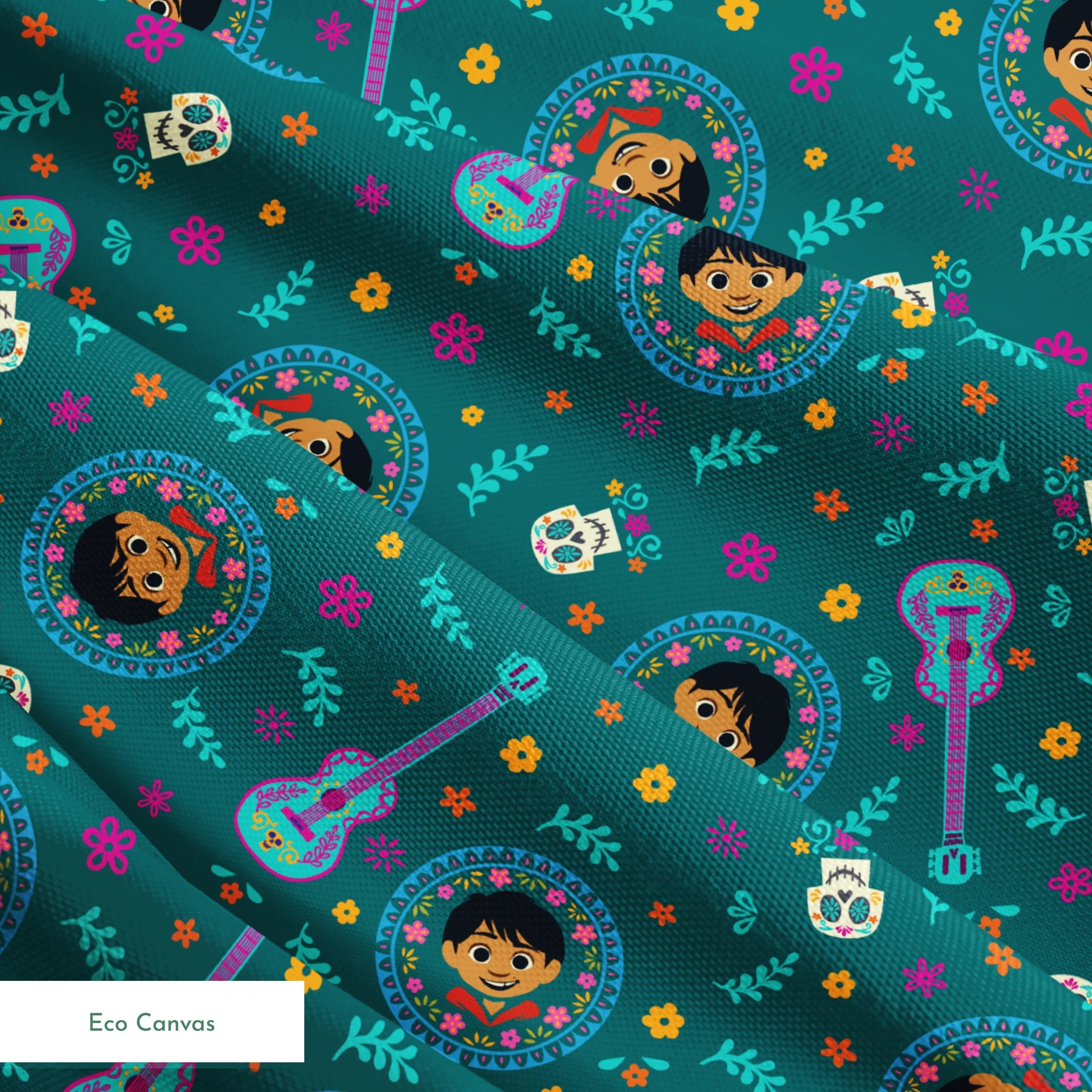 Colorful Coco-inspired pattern with guitars, sugar skulls, circular portraits, and floral elements on teal background. springs ecocanvas texture