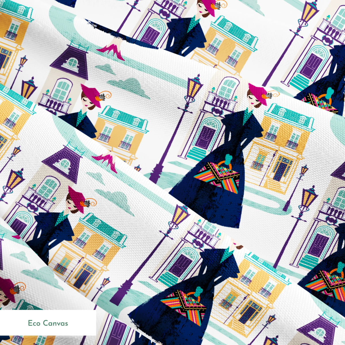 Illustrated pattern of Mary Poppins, standing among pastel townhouses and streetlamps. springs ecocanvas texture