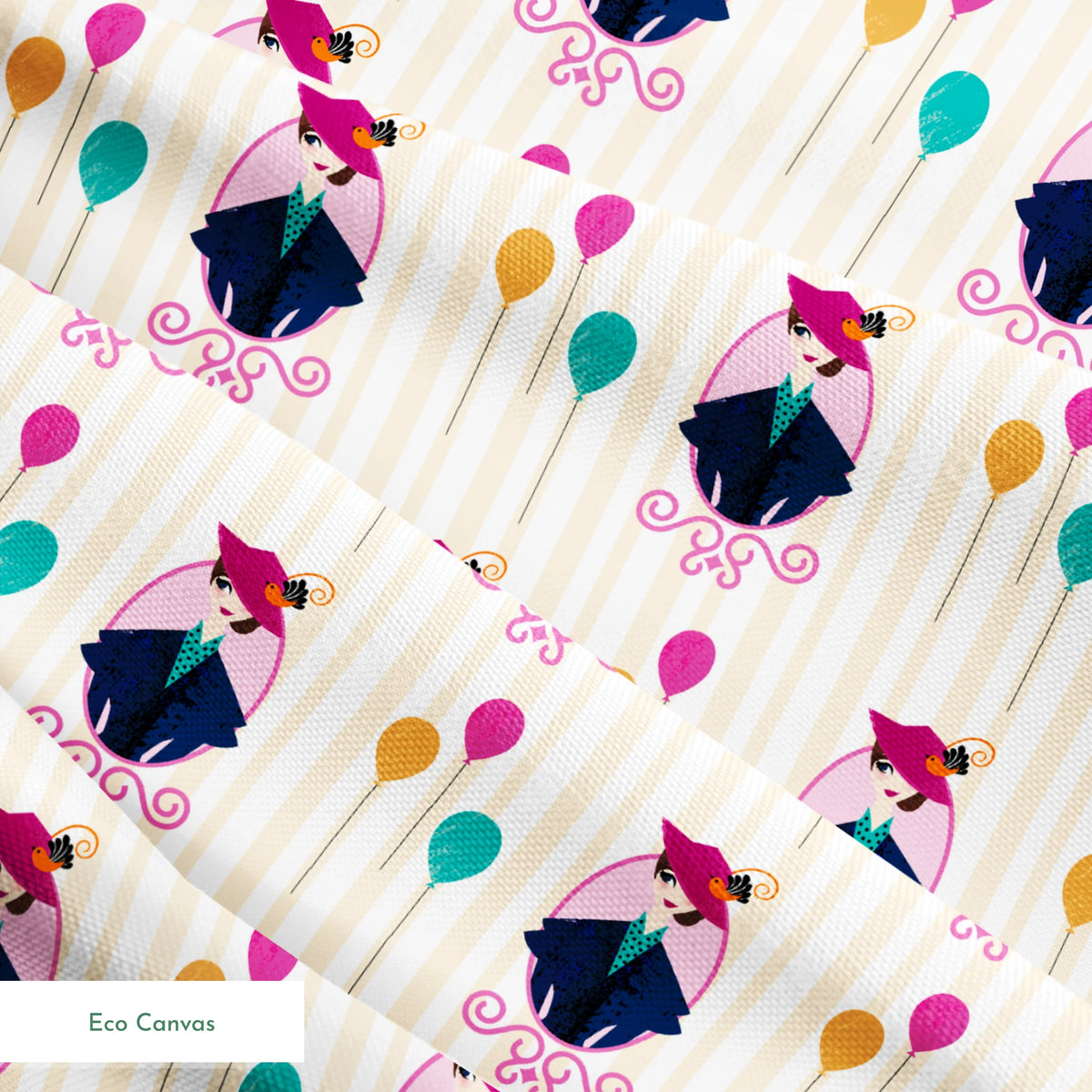 Mary Poppins displayed in decorative frames with colorful balloons against striped background springs ecocanvas texture