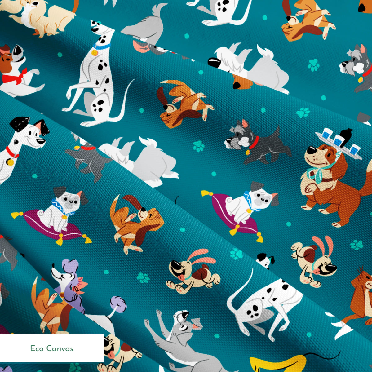 Teal pattern featuring Disney cartoon dogs like Dalmatians, Pluto, Lady and the Tramp, Copper, and other animated pups. springs ecocanvas texture