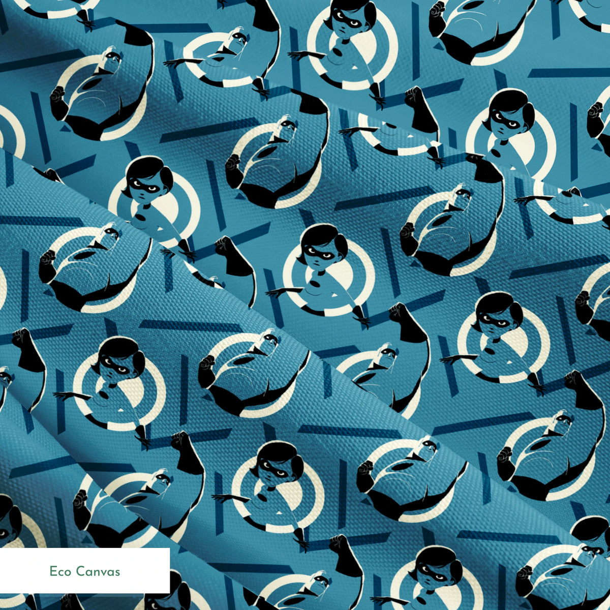 Stylized Mr. Incredible in blue and black with raised fist against geometric circular background springs ecocanvas texture