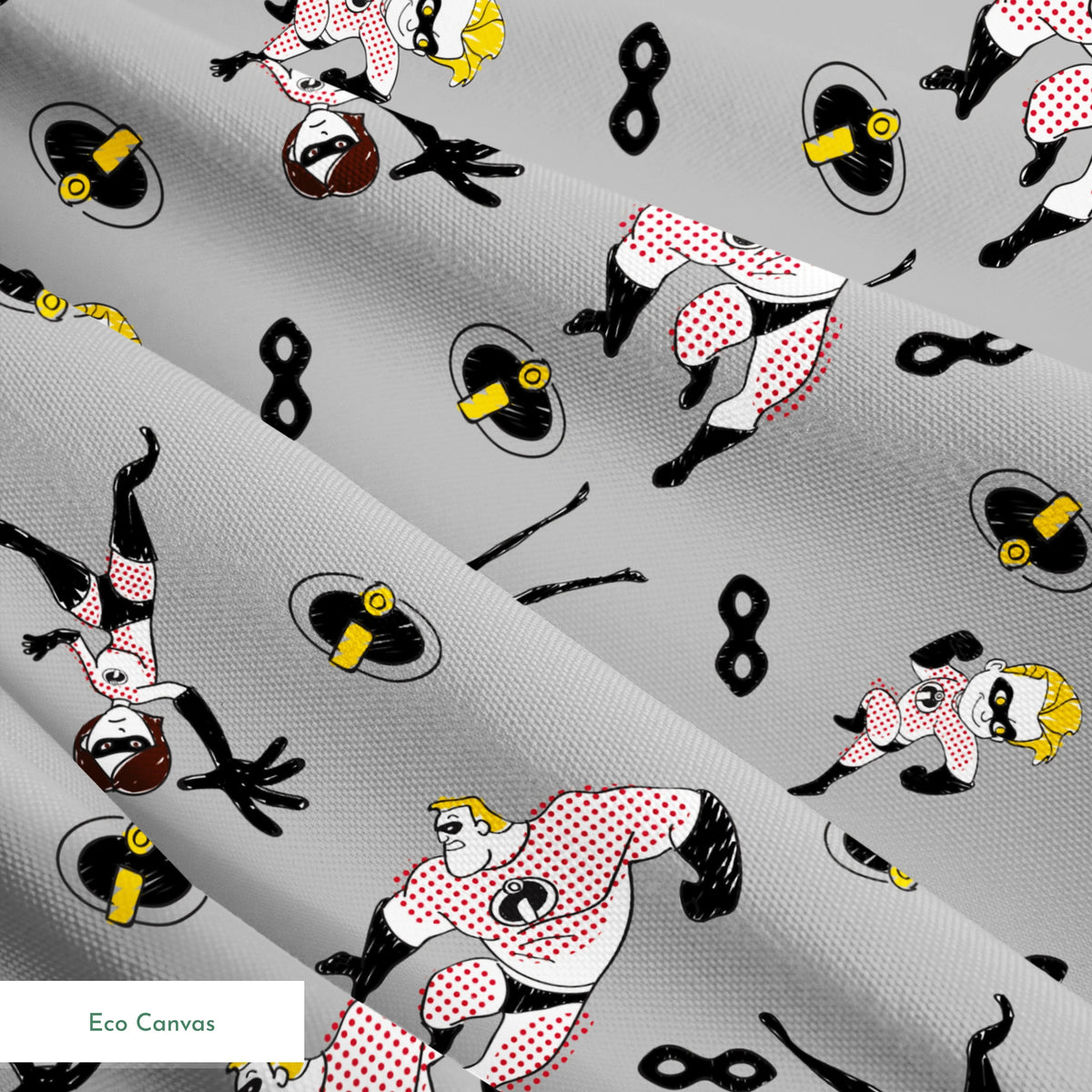 The Incredibles in black and white suits with yellow emblems scattered on gray background with masks springs ecocanvas texture
