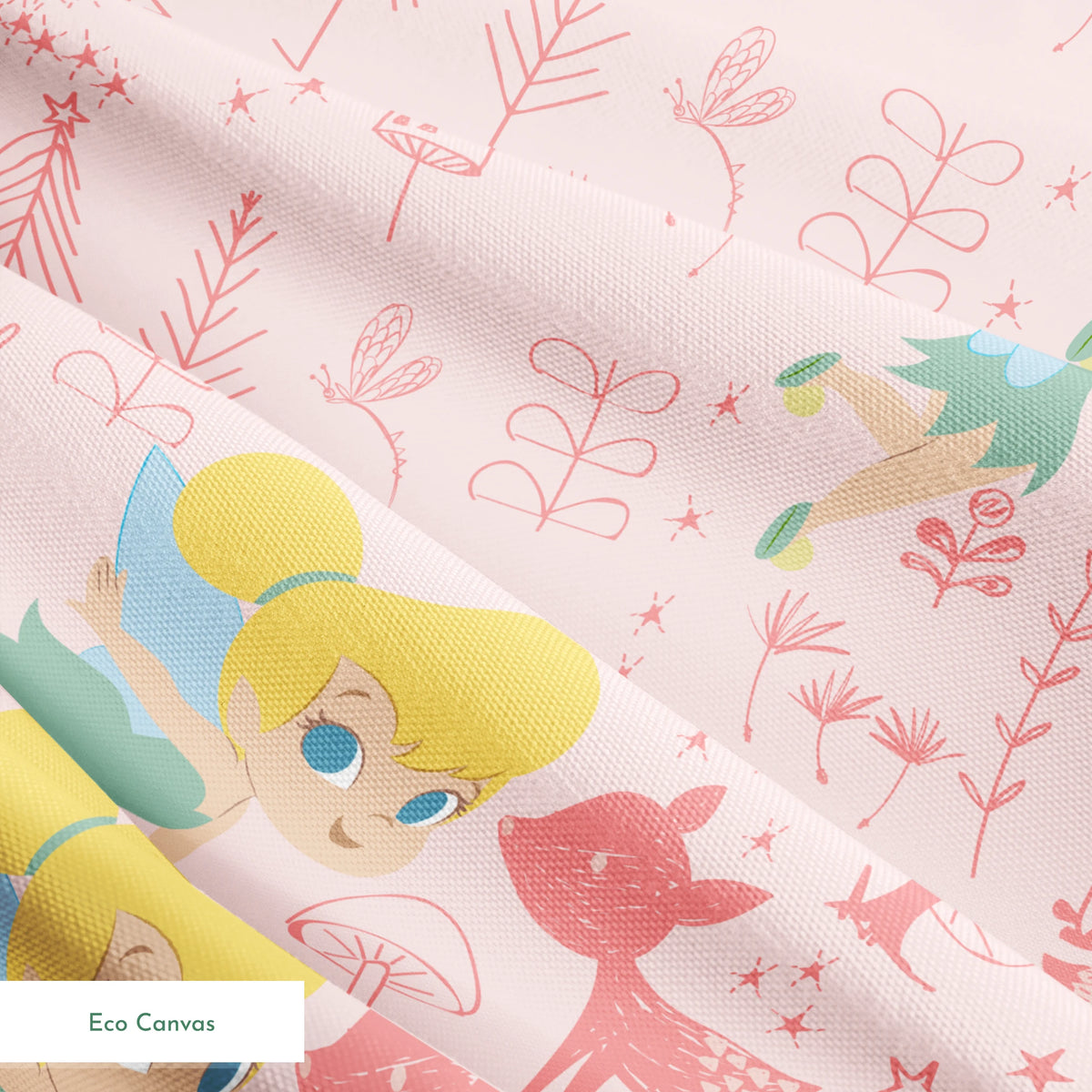 Pink whimsical pattern with cartoon fairy characters, forest animals, mushrooms, and plants in pastel colors springs ecocanvas texture