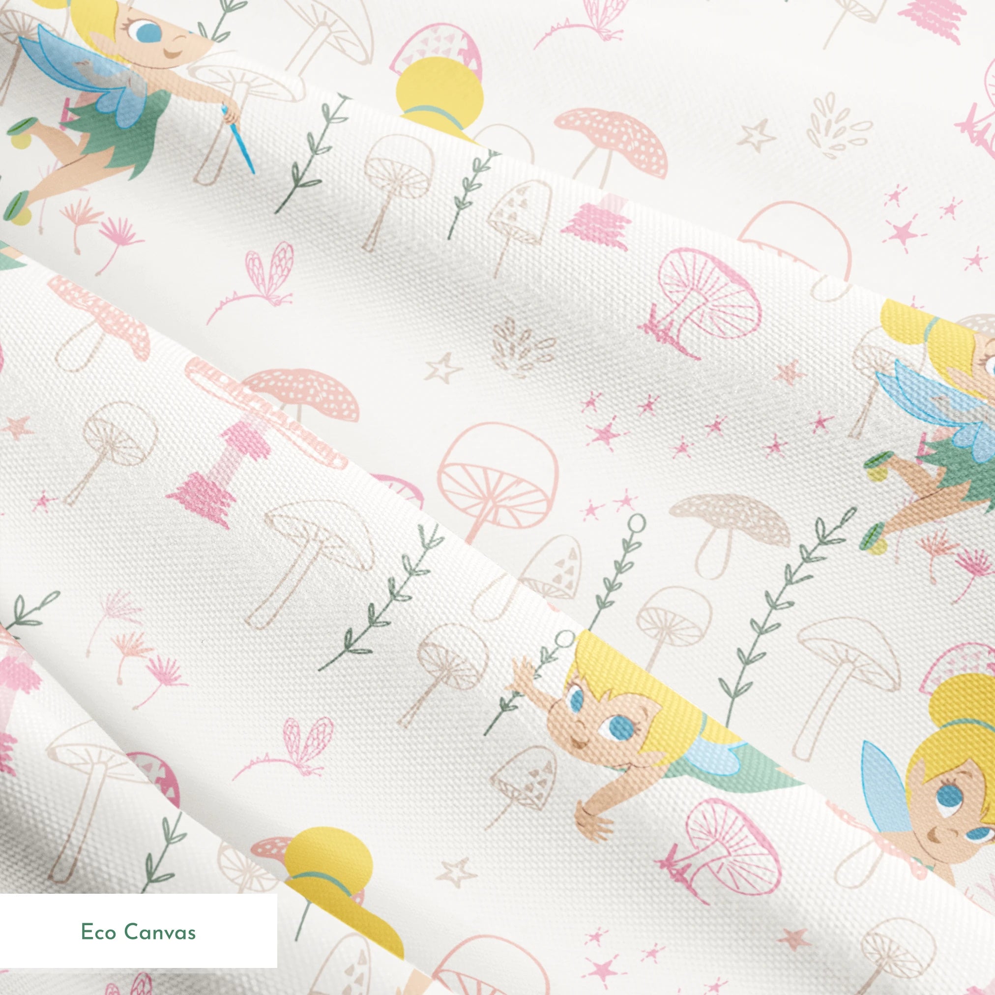 Whimsical pattern with cartoon fairy characters and pink mushrooms against a cream background springs ecocanvas texture