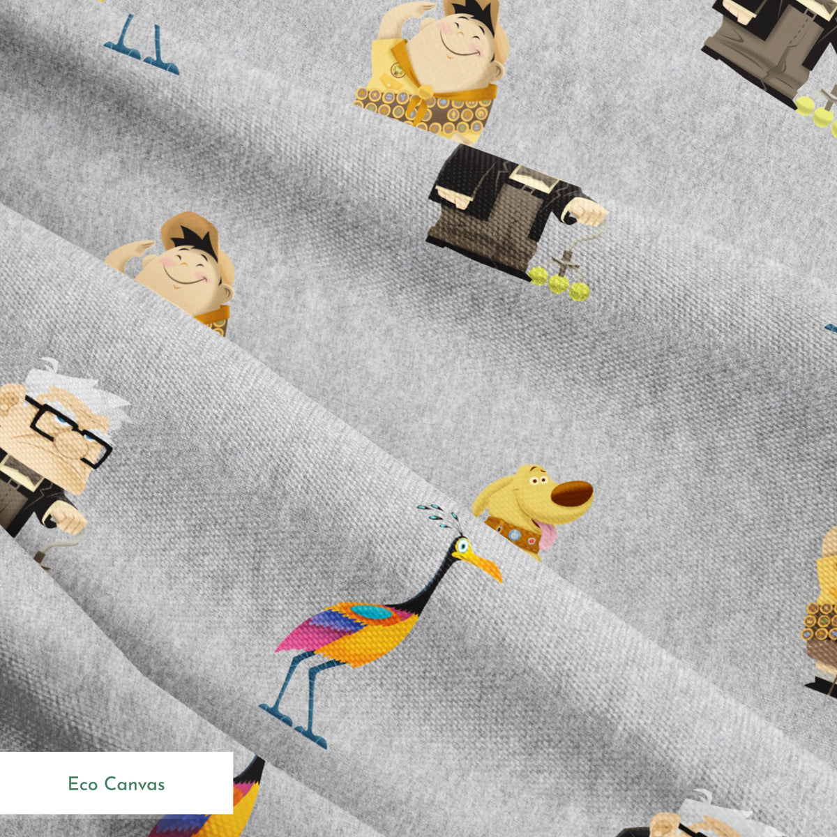 Up pattern with wilderness explorer characters, yellow birds, and colorful details on gray background springs ecocanvas texture