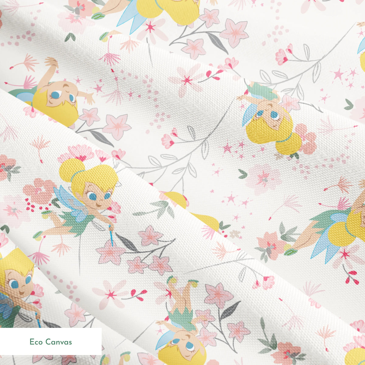 Whimsical pattern with Tinker Bell among pink flowers and green leaves on white background springs ecocanvas texture