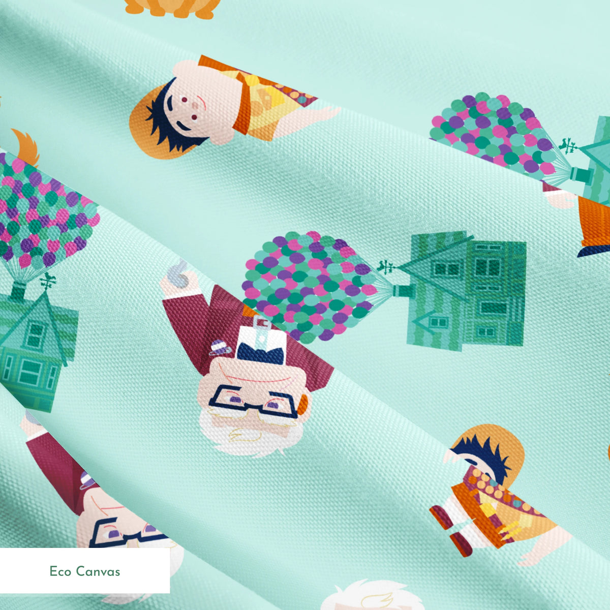 Cartoon pattern on mint background featuring characters from Pixar's "Up" with balloons, houses, and colorful elements springs ecocanvas texture