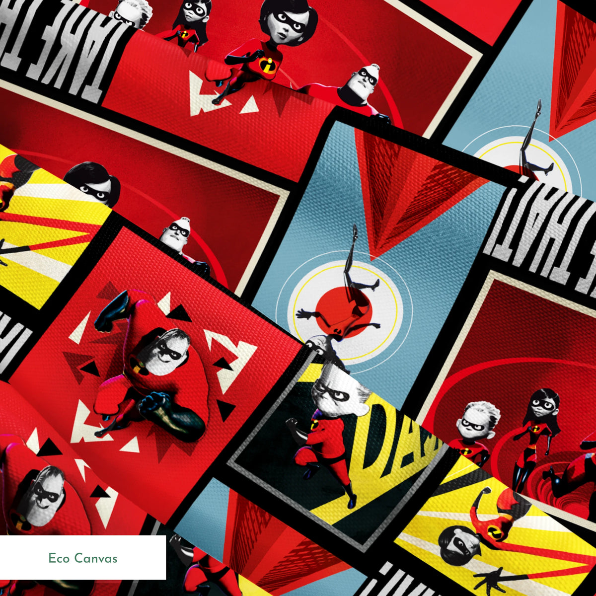Incredibles superhero family comic style artwork with "Saving the Day One Day at a Time" text springs ecocanvas texture