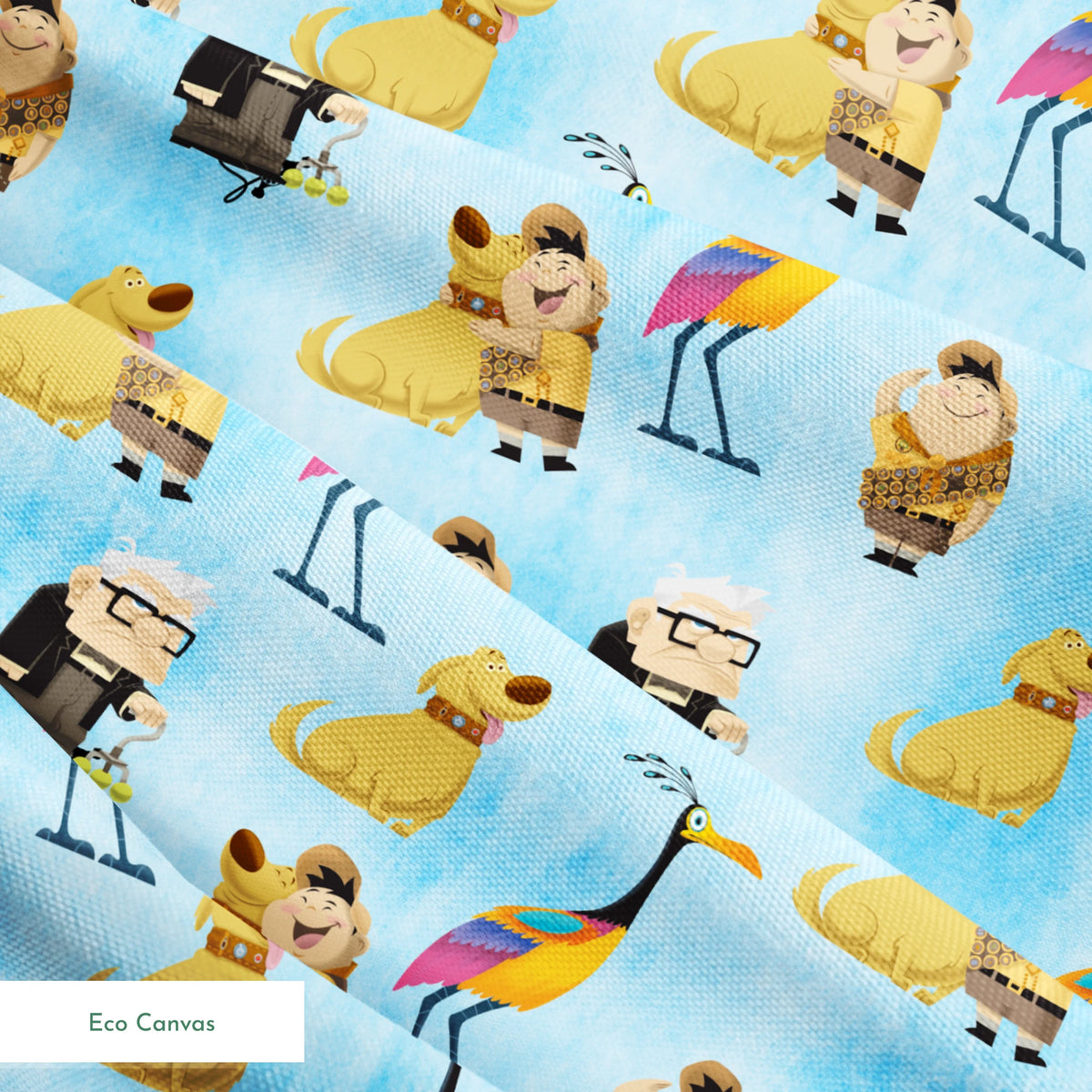 Colorful Up-inspired pattern with cartoon characters including elderly man, explorer, golden dog, and tropical bird on light blue background springs ecocanvas texture
