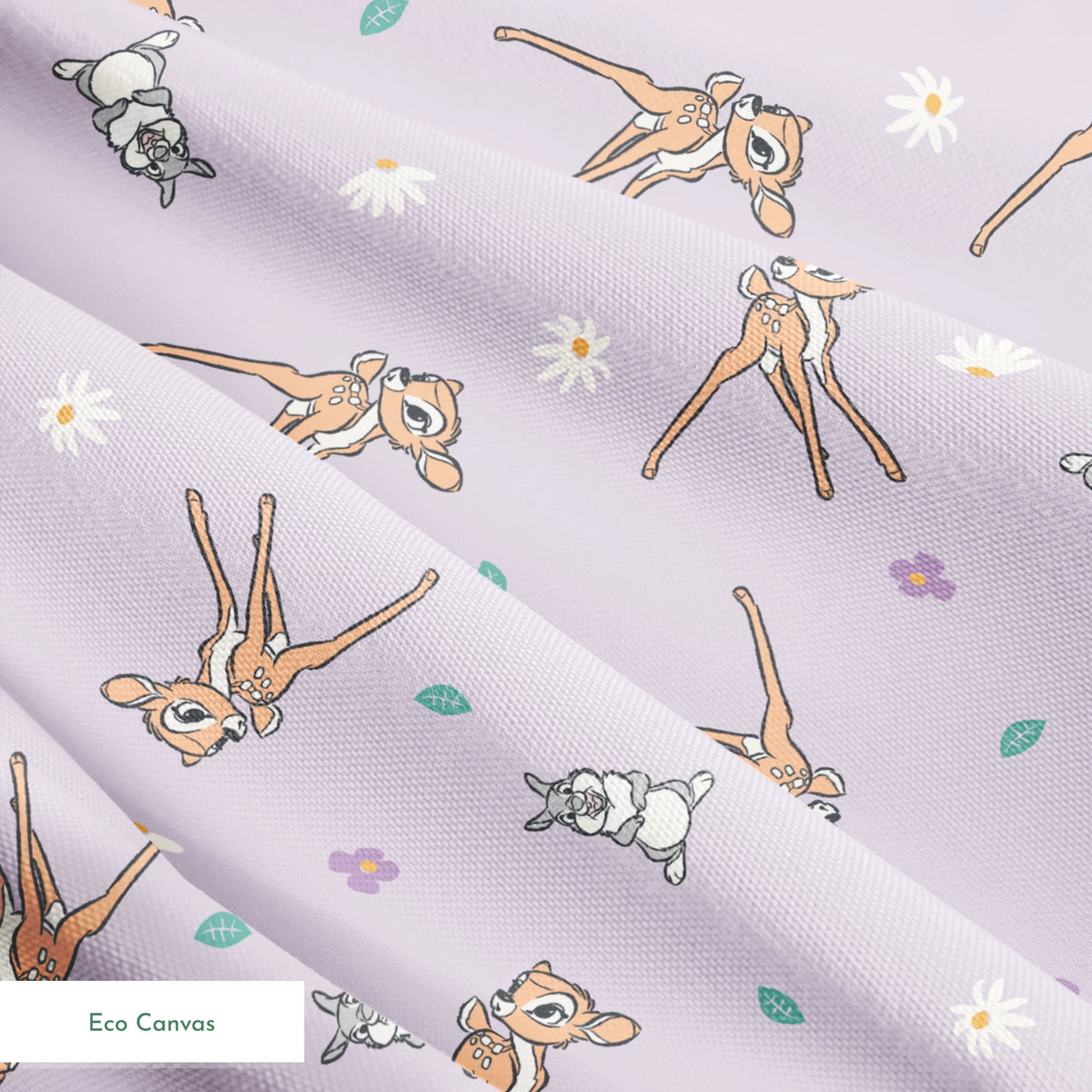 Seamless pattern of cartoon deer and bunnies with daisies and small flowers on lavender background springs ecocanvas texture