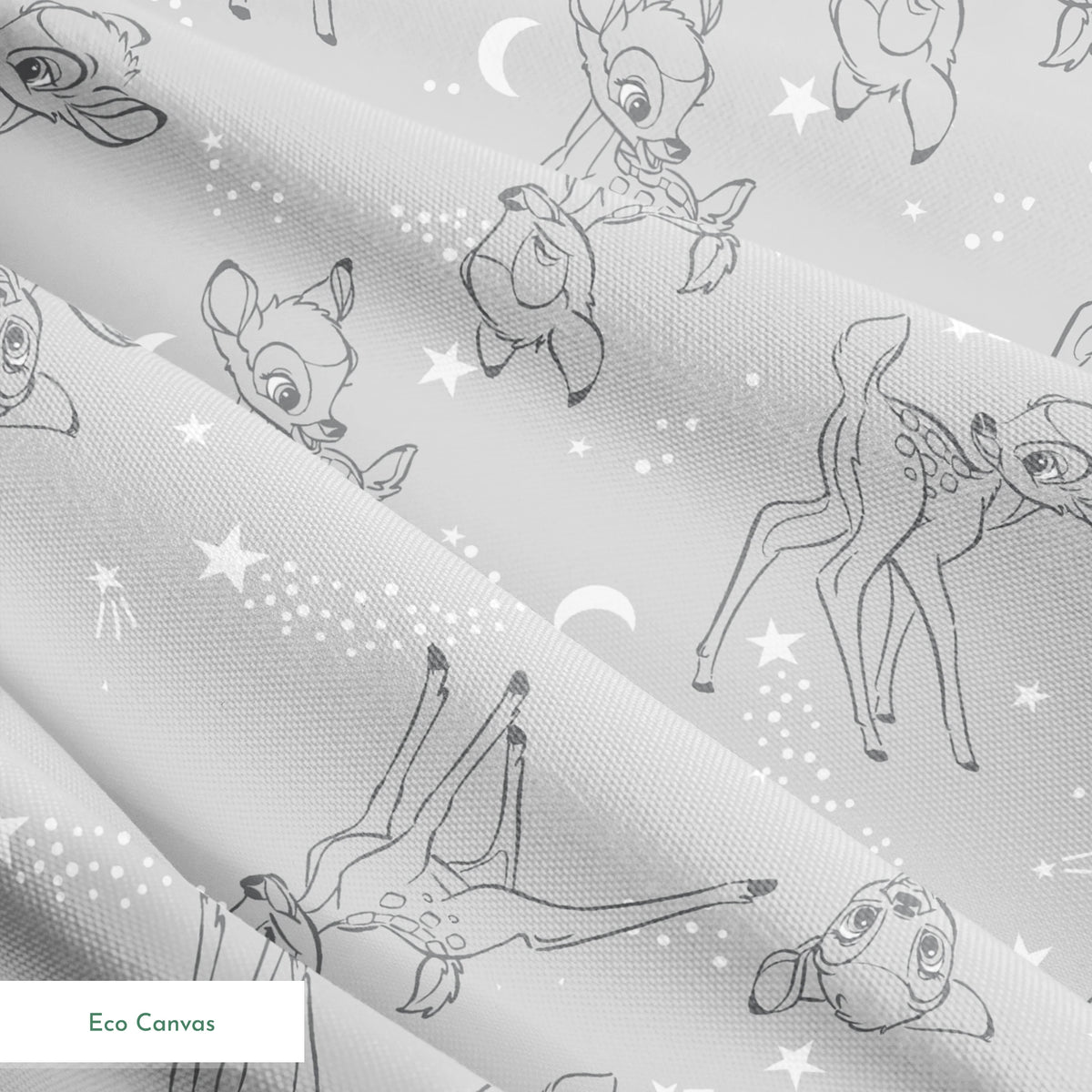 Line art illustrations of Disney’s Bambi surrounded by stars, moons, and stardust trails on a soft gray background in a scattered repeat. springs ecocanvas texture