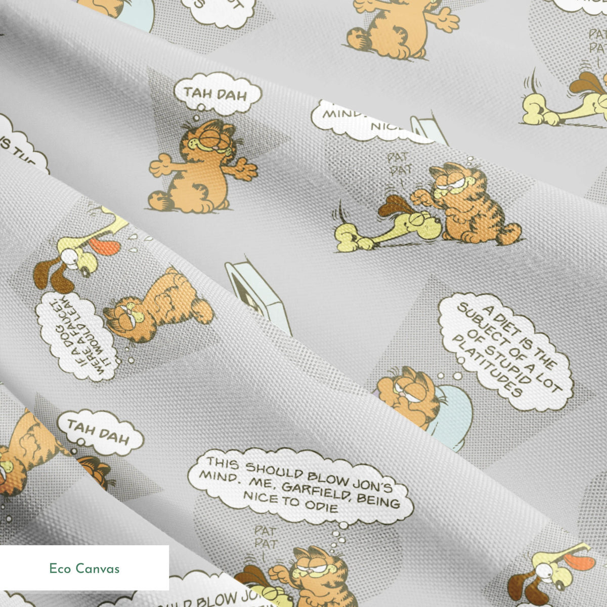 Cartoon Garfield pattern with various poses of the orange cat and speech bubbles on gray background springs ecocanvas texture
