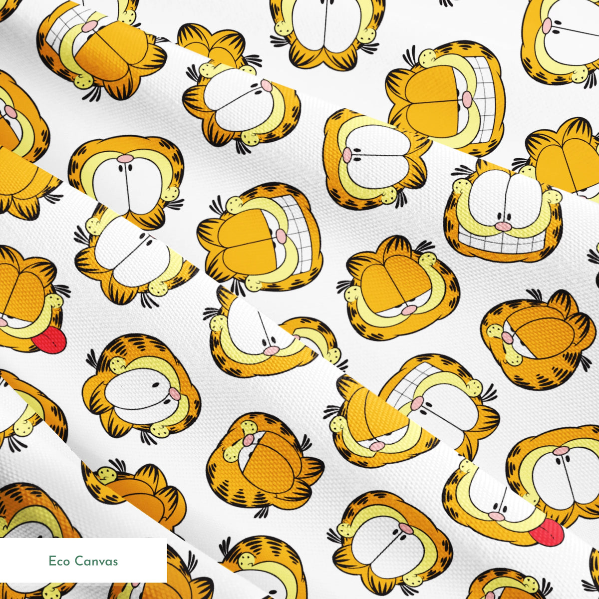 Pattern of cartoon cat faces with orange and yellow coloring against white background springs ecocanvas texture