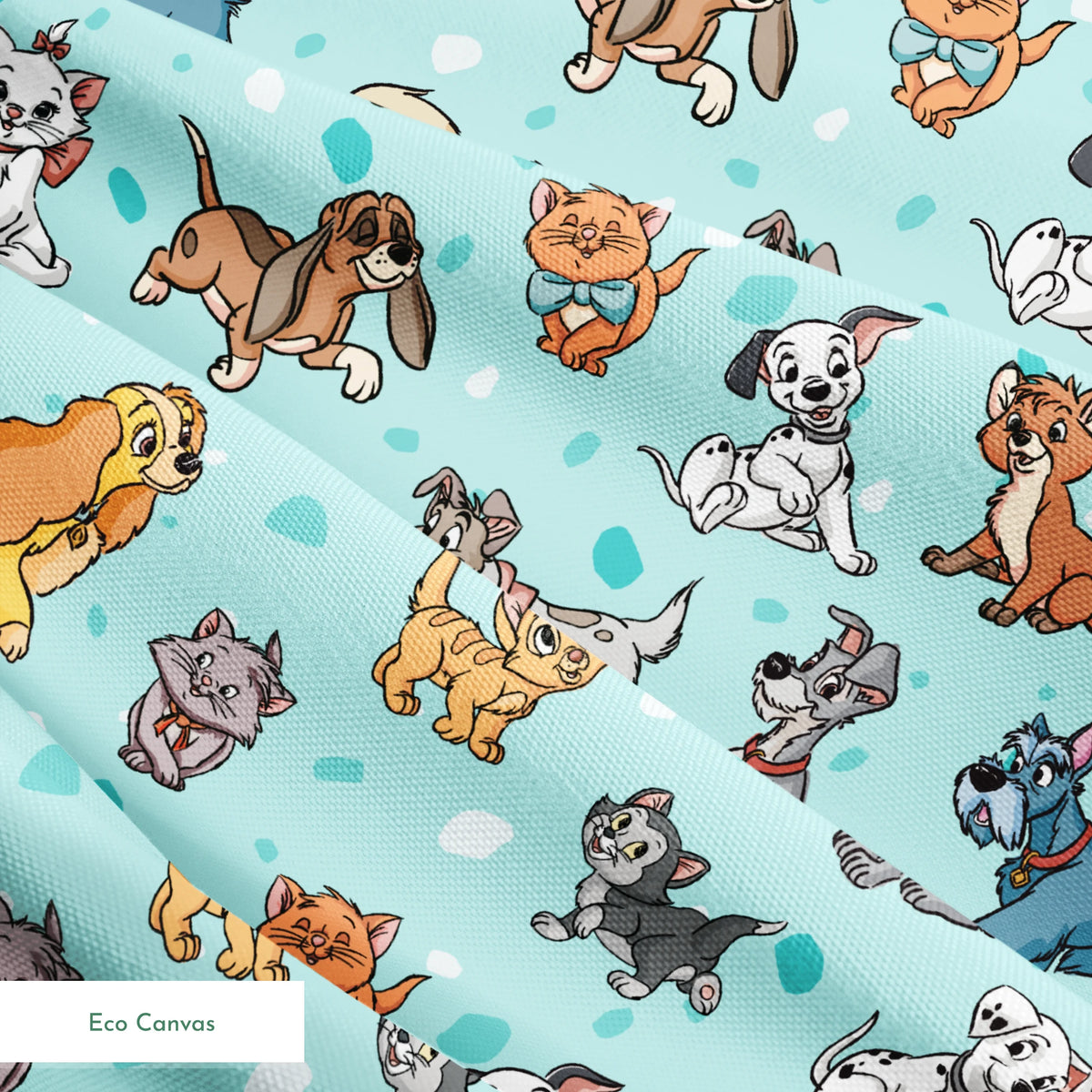 Cartoon-style Disney dogs and cats on a light blue background with scattered spots. springs ecocanvas texture