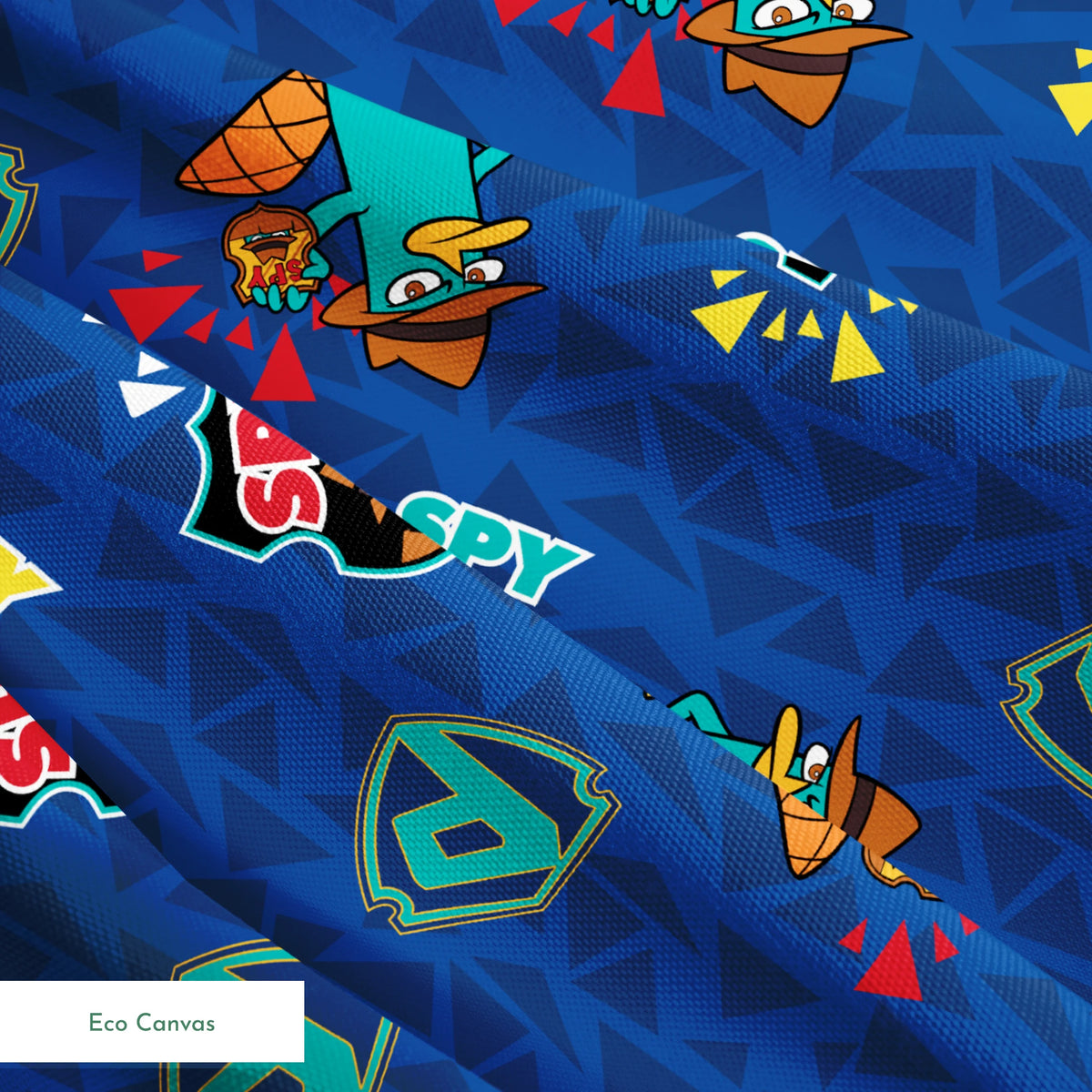 Colorful Perry the Platypus pattern with "SPY" text on blue geometric background springs ecocanvas texture