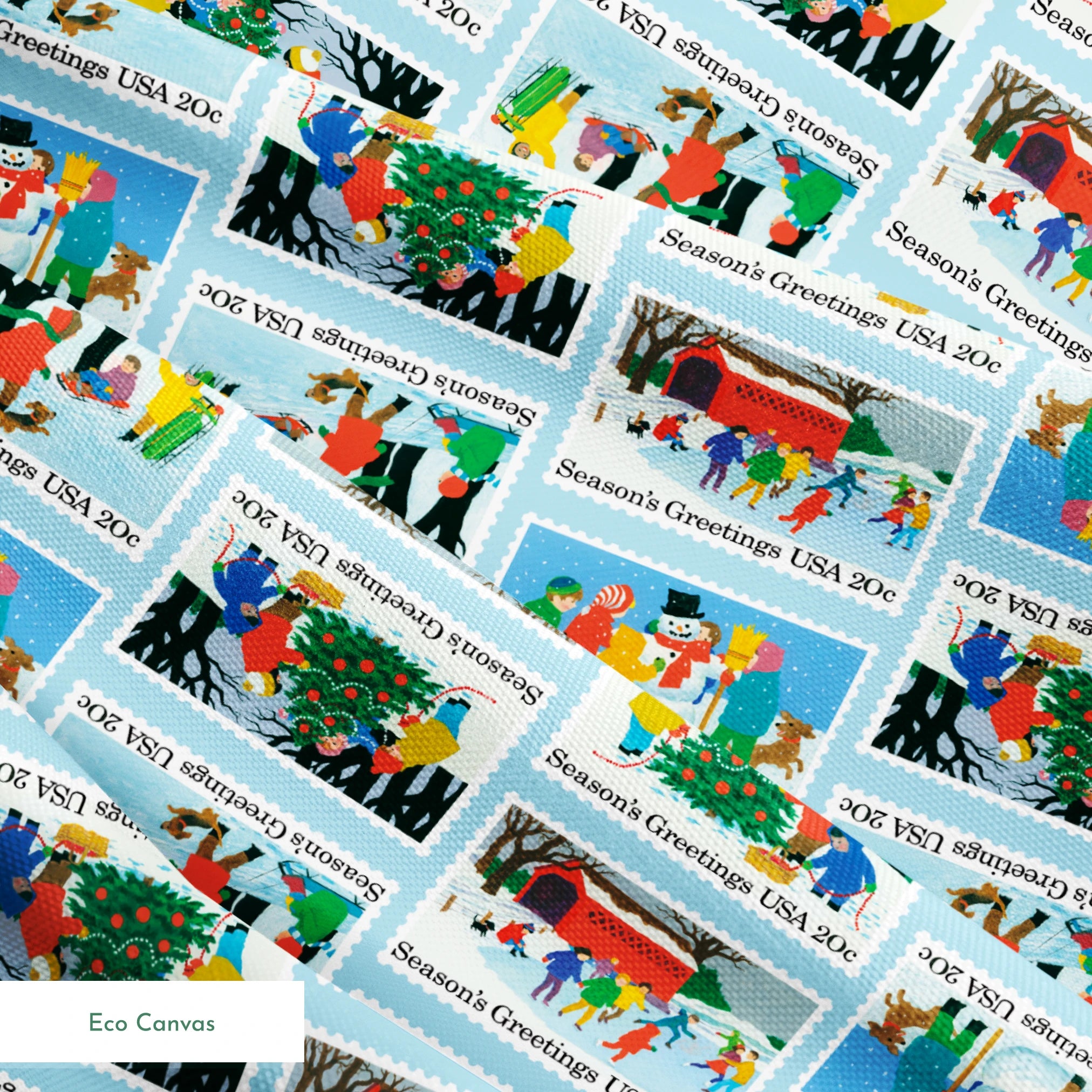USPS Scenic Season's Greetings Stamps on Blue Fabric
