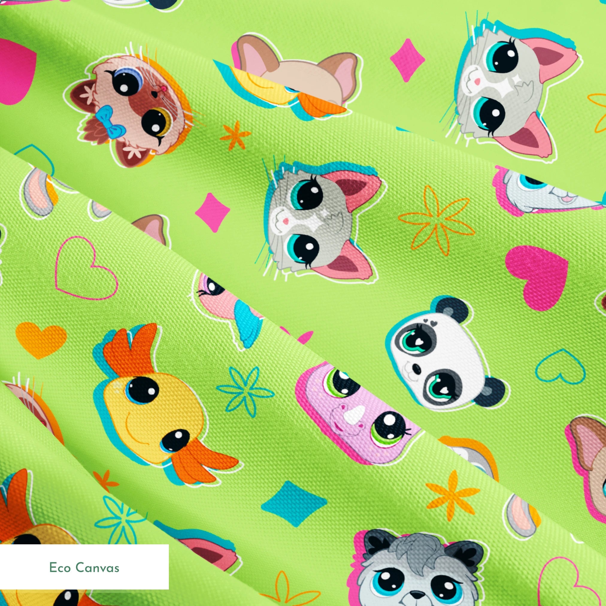 Hasbro Littliest Pet Shop Shapes and Faces on Green Fabric