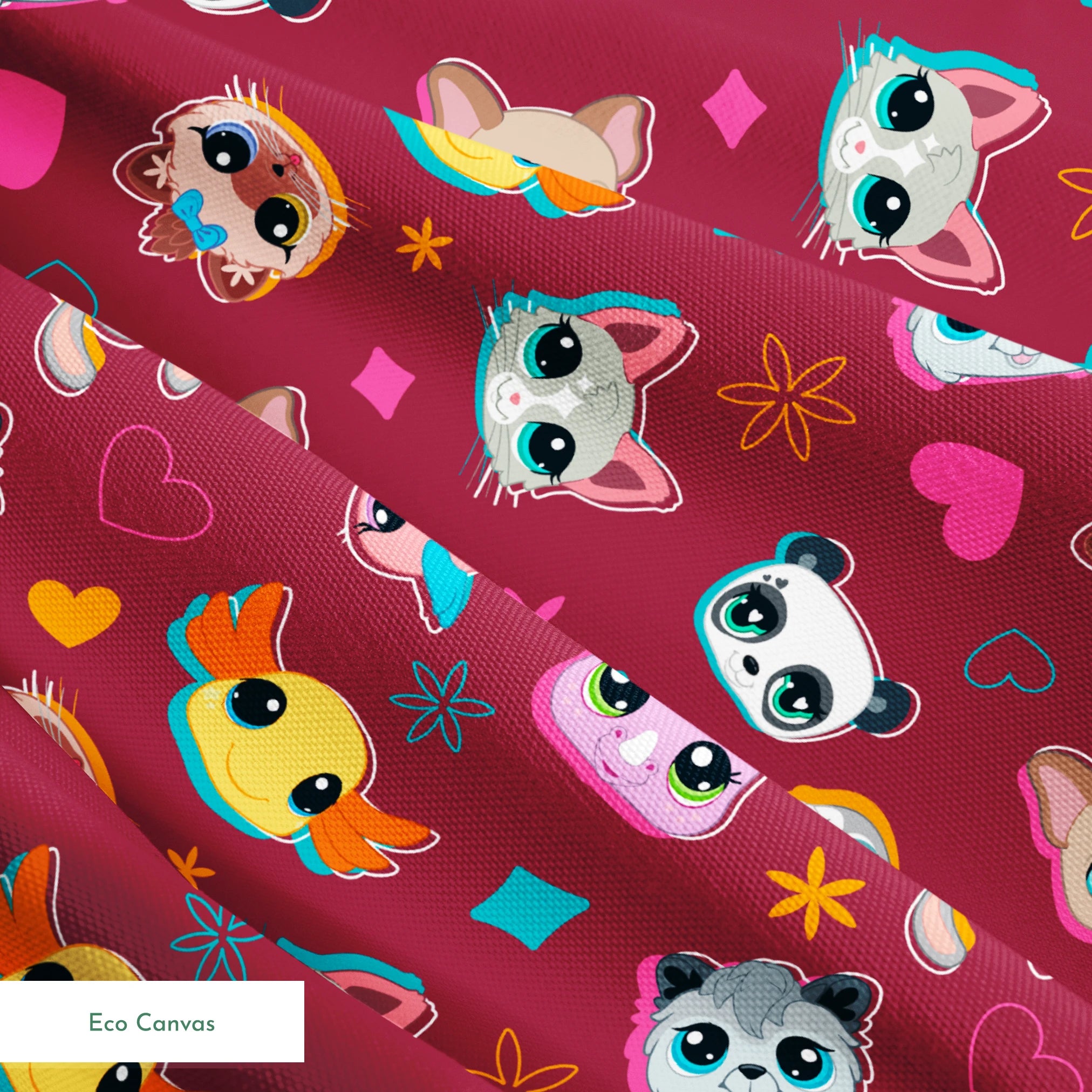 Hasbro Littliest Pet Shop Shapes and Faces on Burgundy Fabric